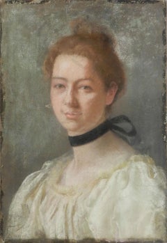 PASTEL - Portrait Jeune Enfant aux Rubans Bleus Epoque ca 1900