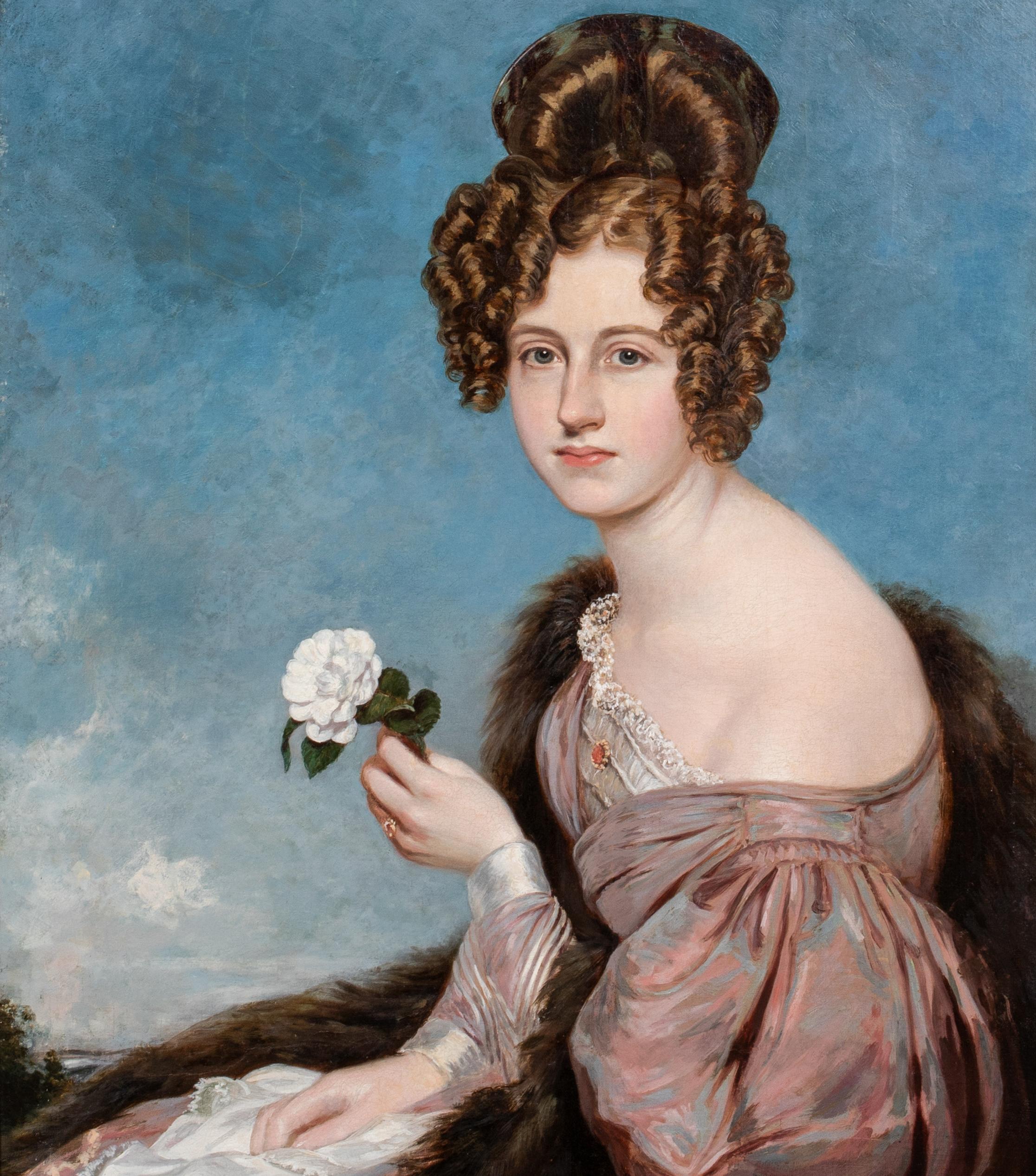  Portrait Of A Lady Holding A Camellia, early 19th Century    - Gray Portrait Painting by Unknown