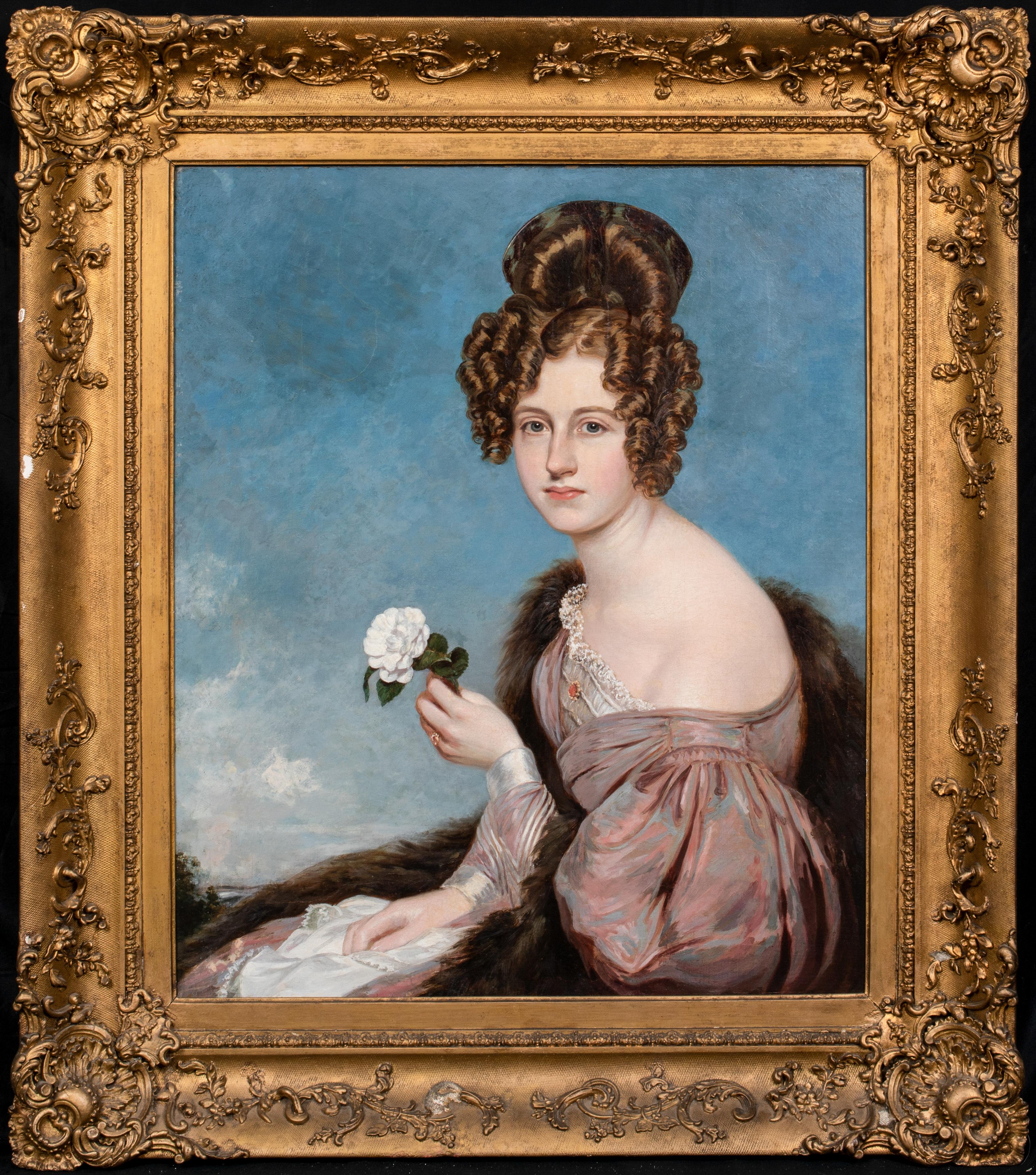 Unknown Portrait Painting -  Portrait Of A Lady Holding A Camellia, early 19th Century   