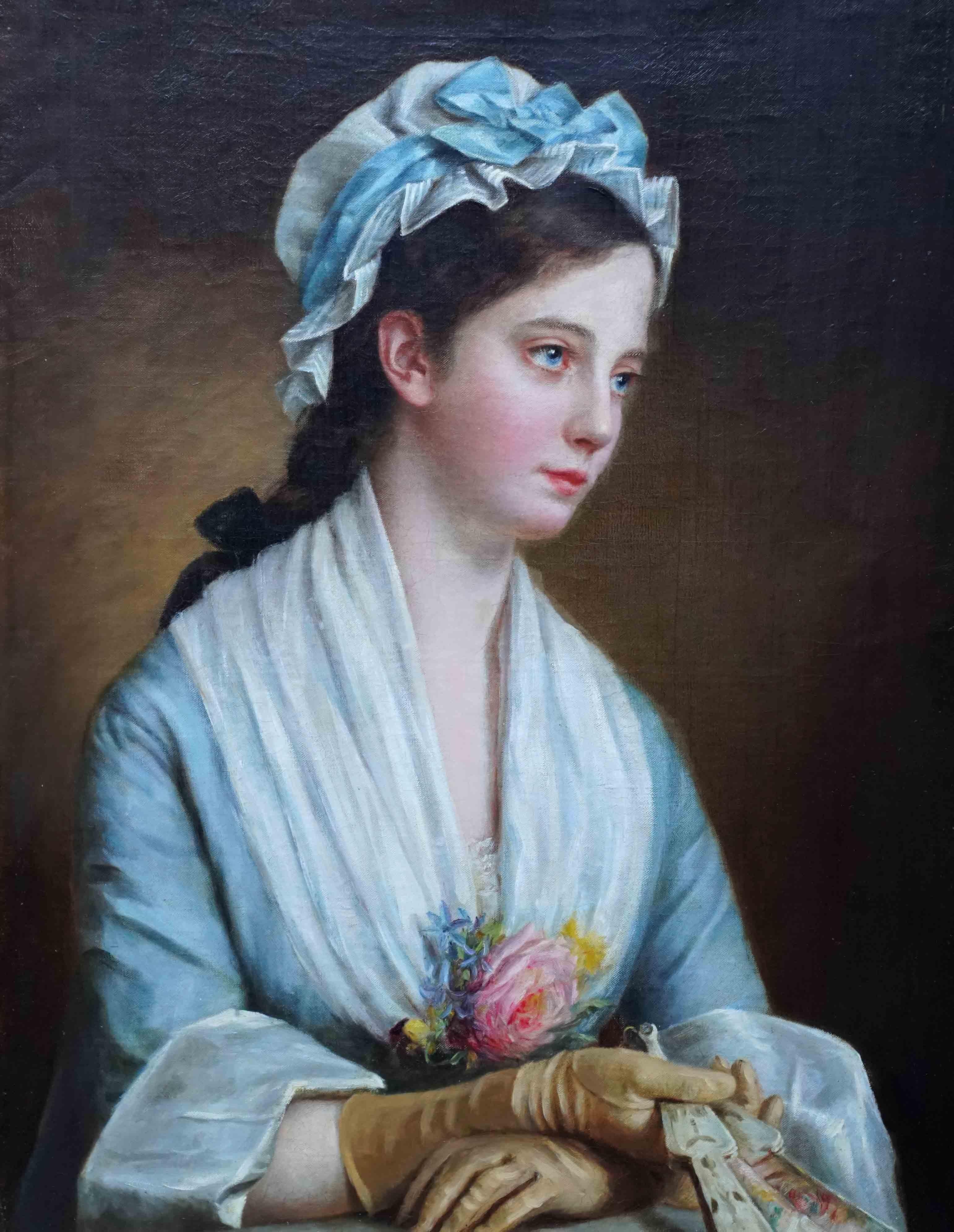 Portrait d'une femme tenant un éventail - peinture à l'huile française du 19e siècle, indistinctement signée - Painting de Unknown