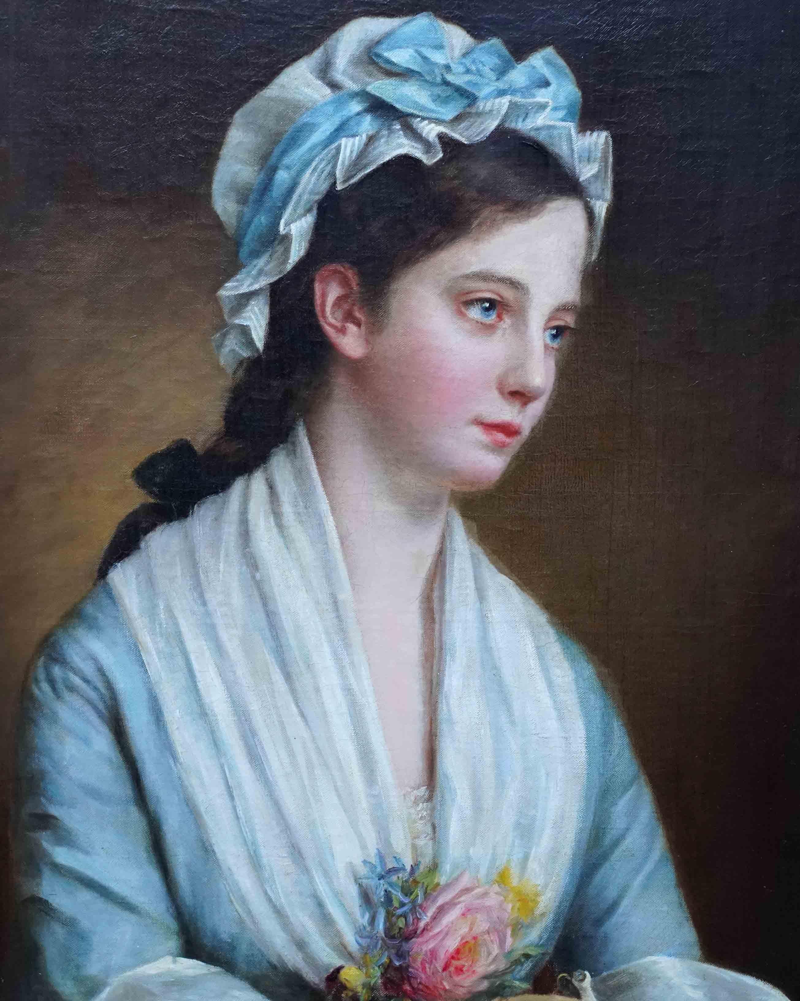 Portrait of a Lady Holding a Fan - French 19thC oil painting indistinctly signed - French School Painting by Unknown