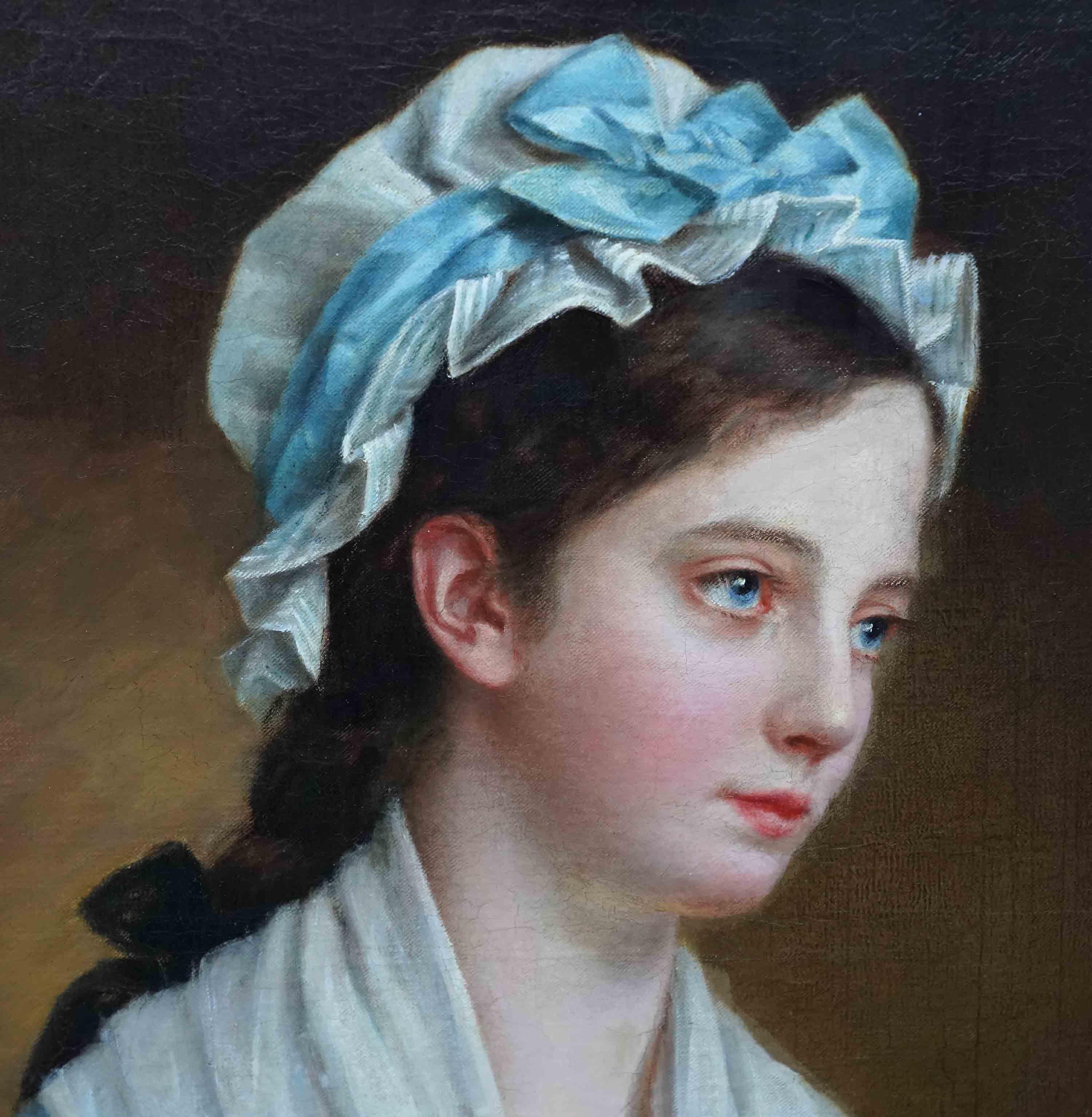 This charming 19th century portrait oil painting is attributed to the French School and painted by a female artoist. It has the composition and delicacy of French academic painters such as Ingres and Jerome. It was painted in 1879 in Paris. It is a