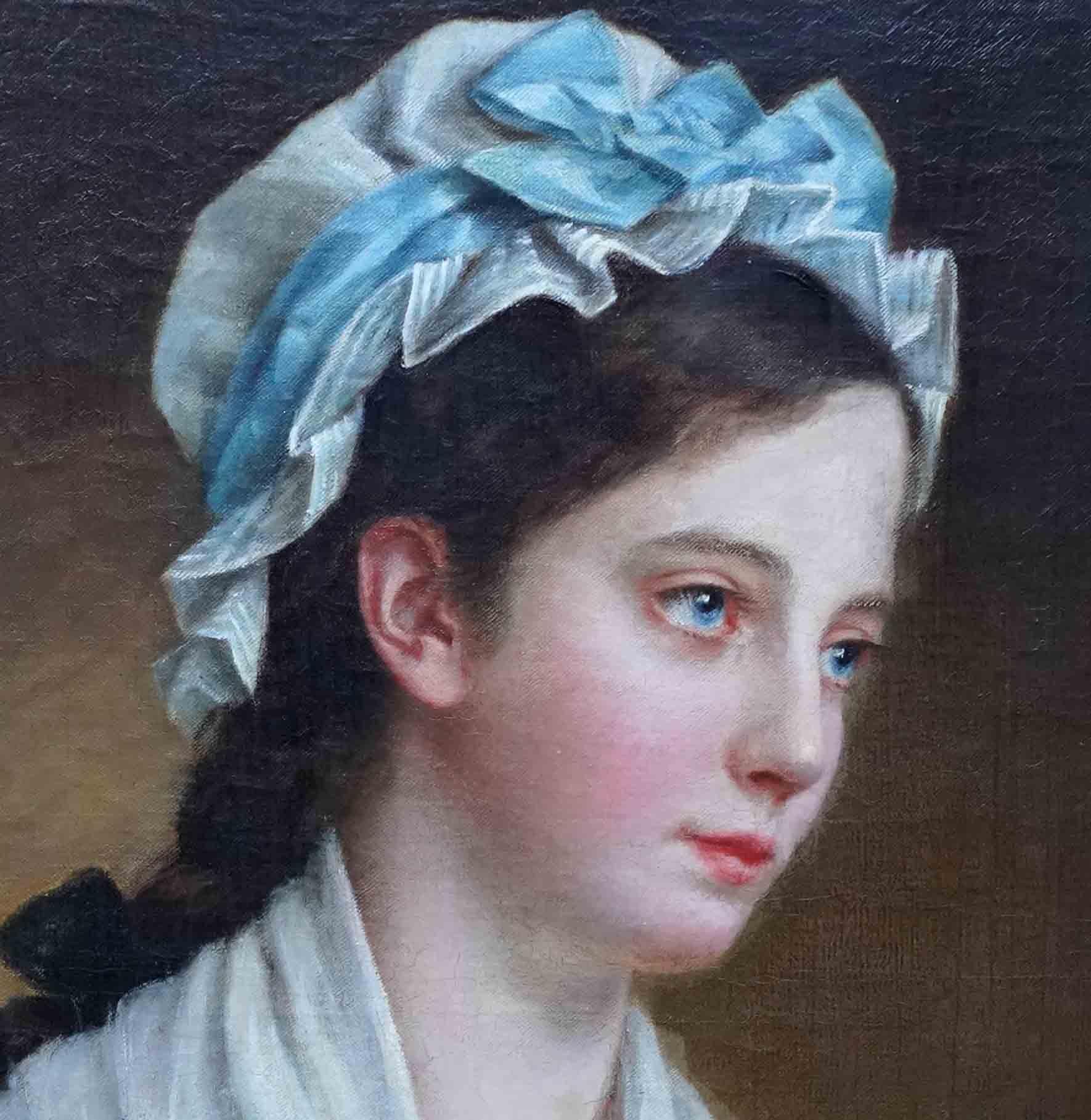 Portrait d'une femme tenant un éventail - peinture à l'huile française du 19e siècle, indistinctement signée en vente 1