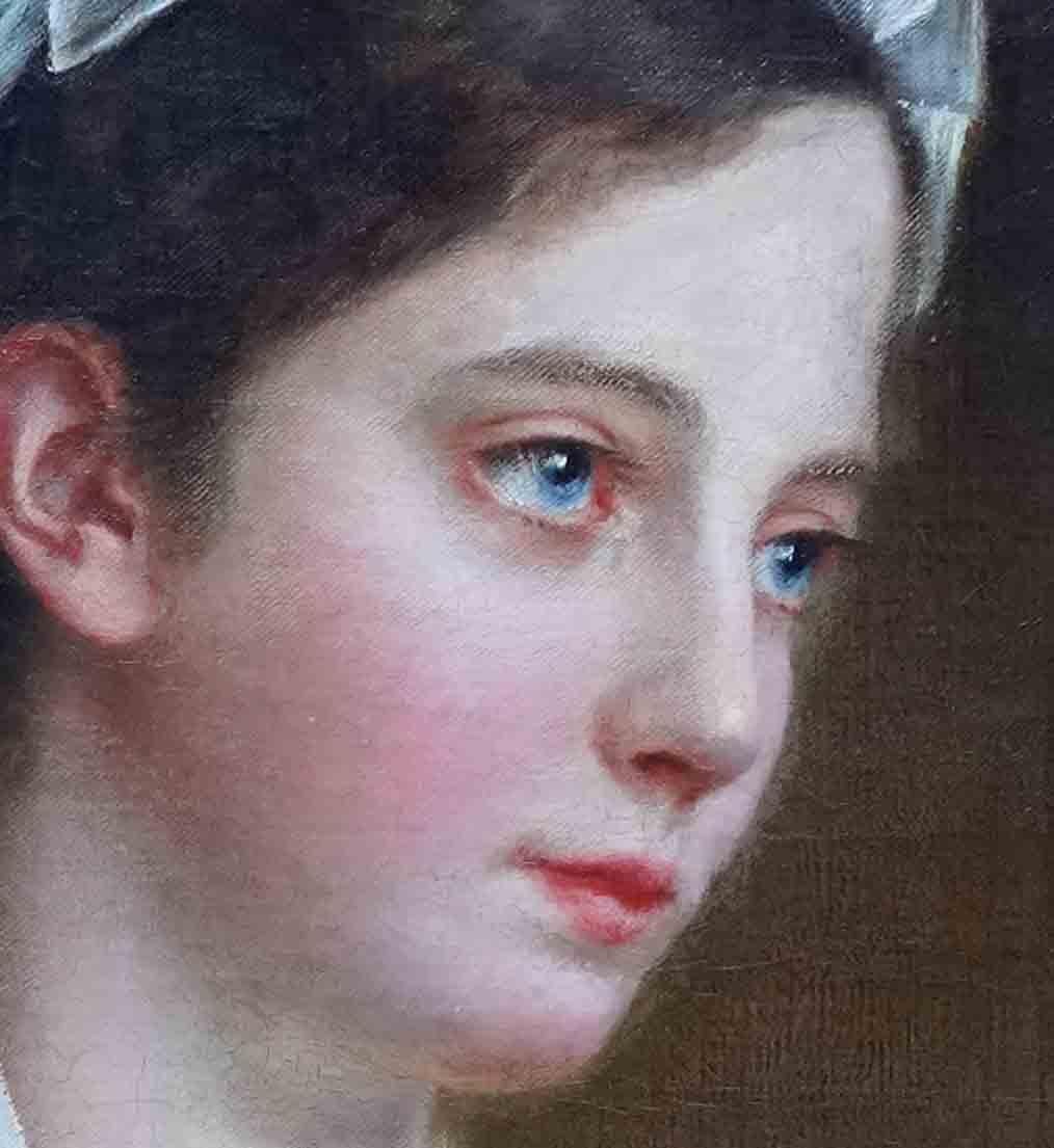 Portrait d'une femme tenant un éventail - peinture à l'huile française du 19e siècle, indistinctement signée en vente 2