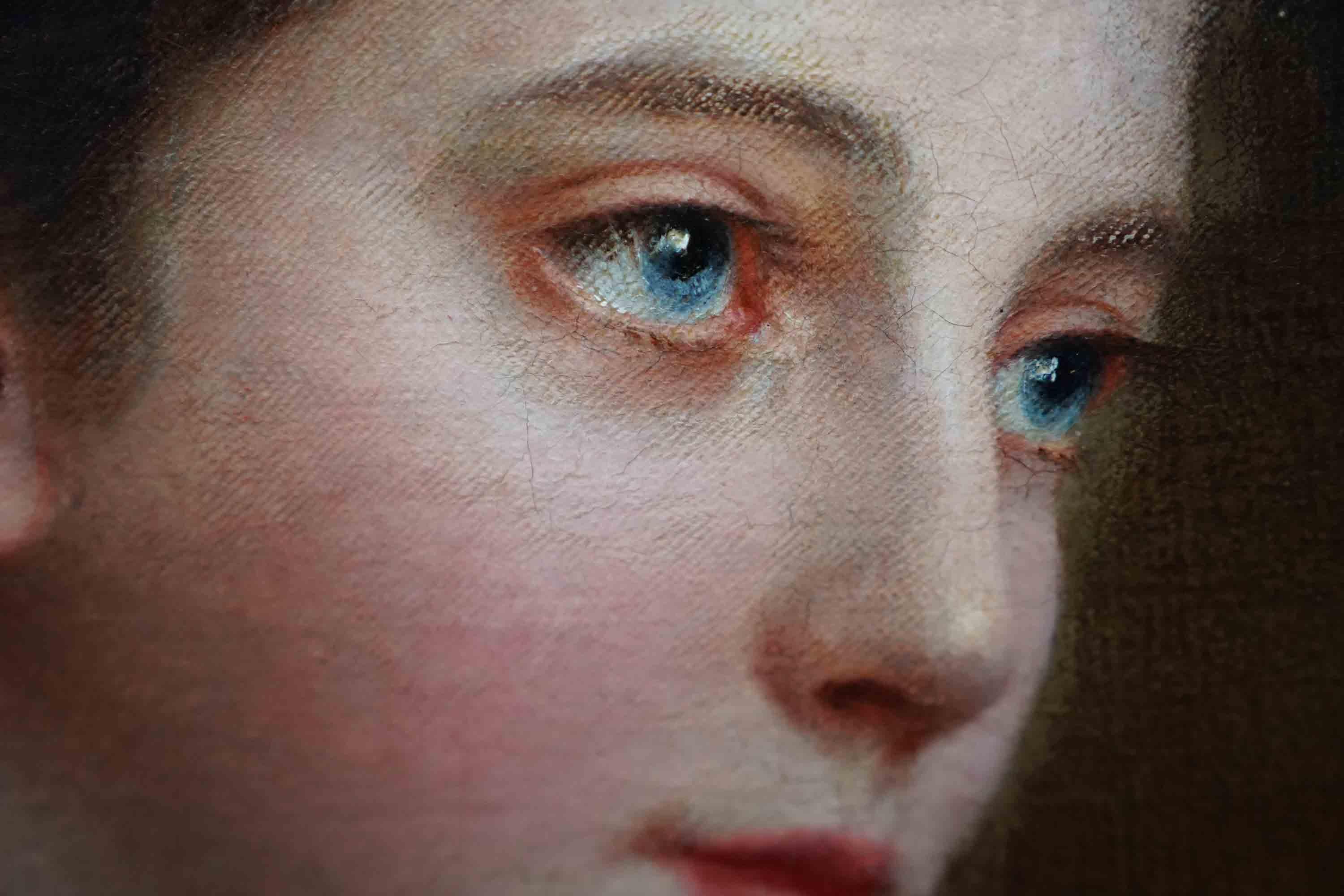 Portrait d'une femme tenant un éventail - peinture à l'huile française du 19e siècle, indistinctement signée en vente 3