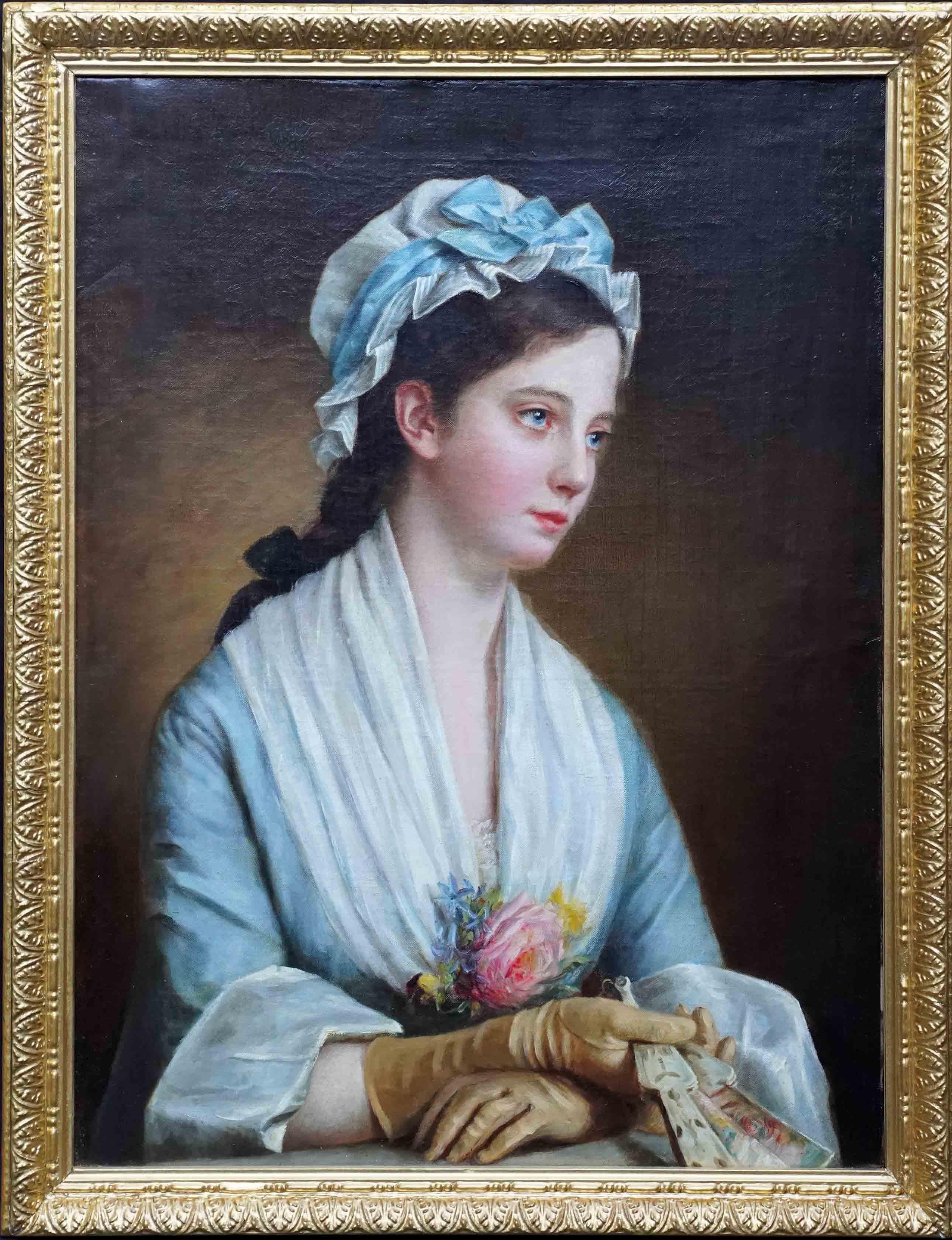 Portrait d'une femme tenant un éventail - peinture à l'huile française du 19e siècle, indistinctement signée