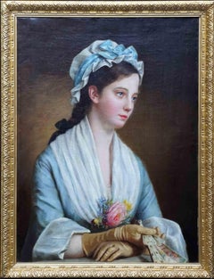 Portrait of a Lady Holding a Fan - French 19thC oil painting indistinctly signed
