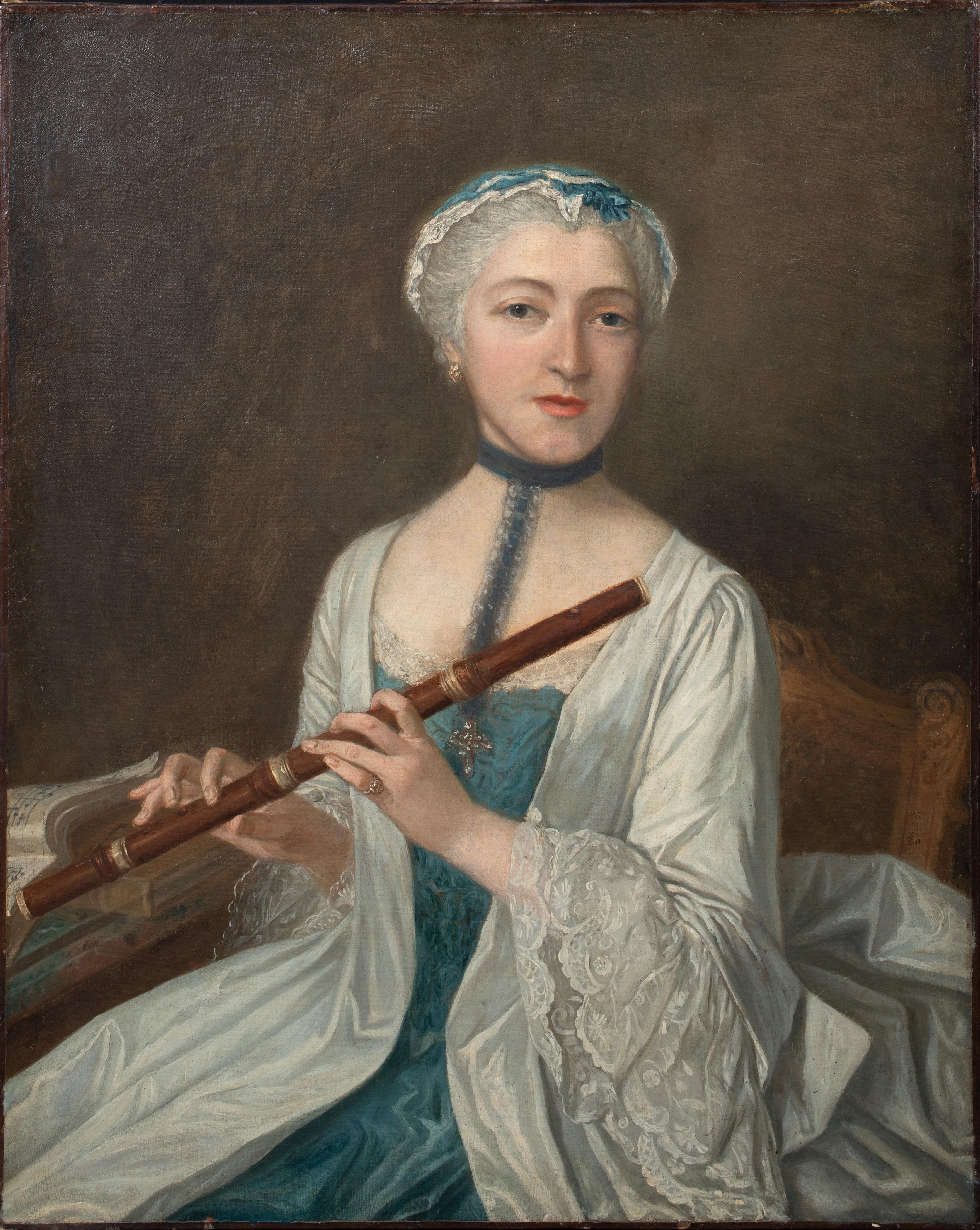 Portrait Painting di Unknown - Ritratto di donna che tiene in mano una canna fumaria, XVIII secolo  Scuola francese