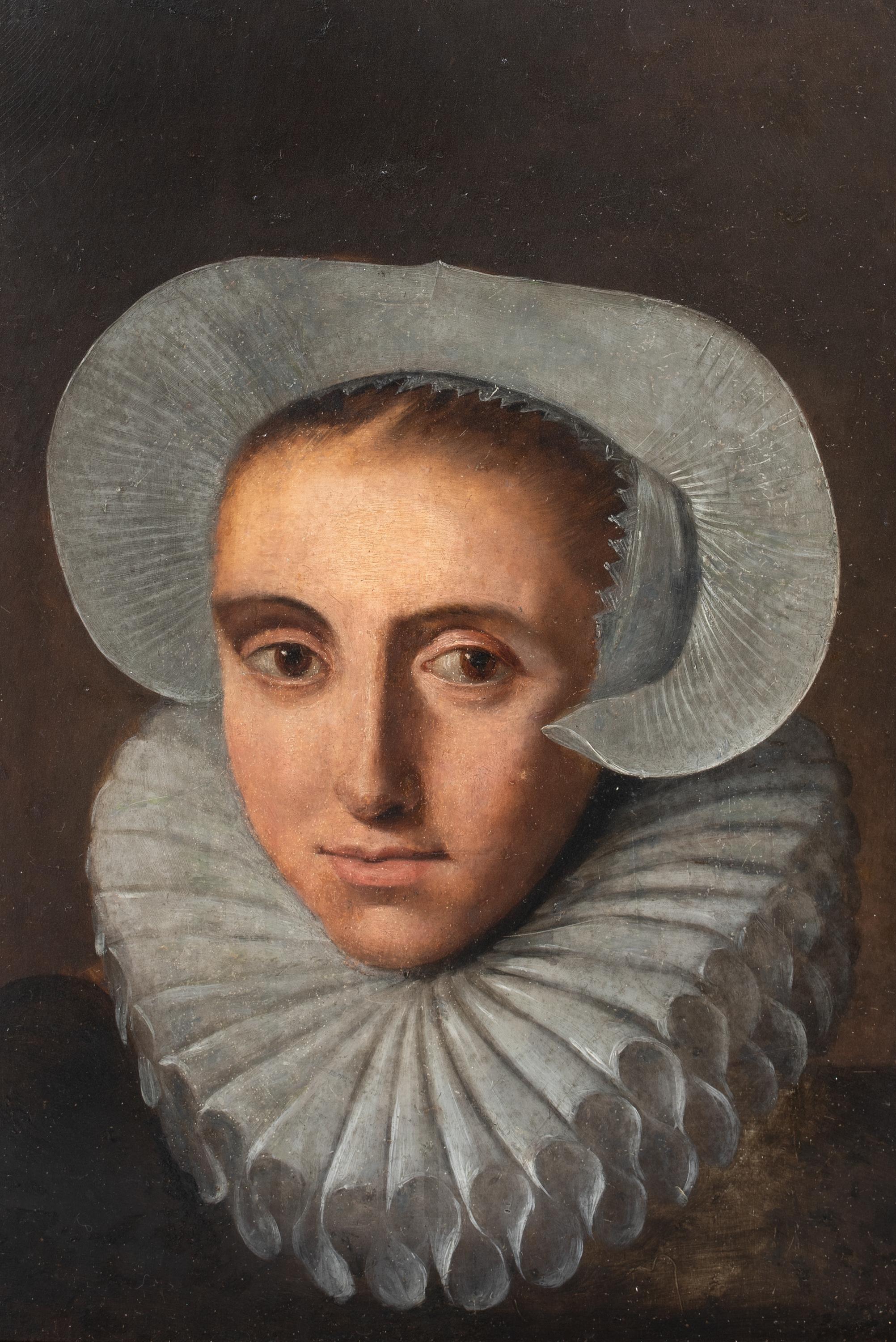 Portrait d'une femme dans un chapeau et une manchette en dentelle, 17e siècle  École hollandaise 1640 - Noir Portrait Painting par Unknown