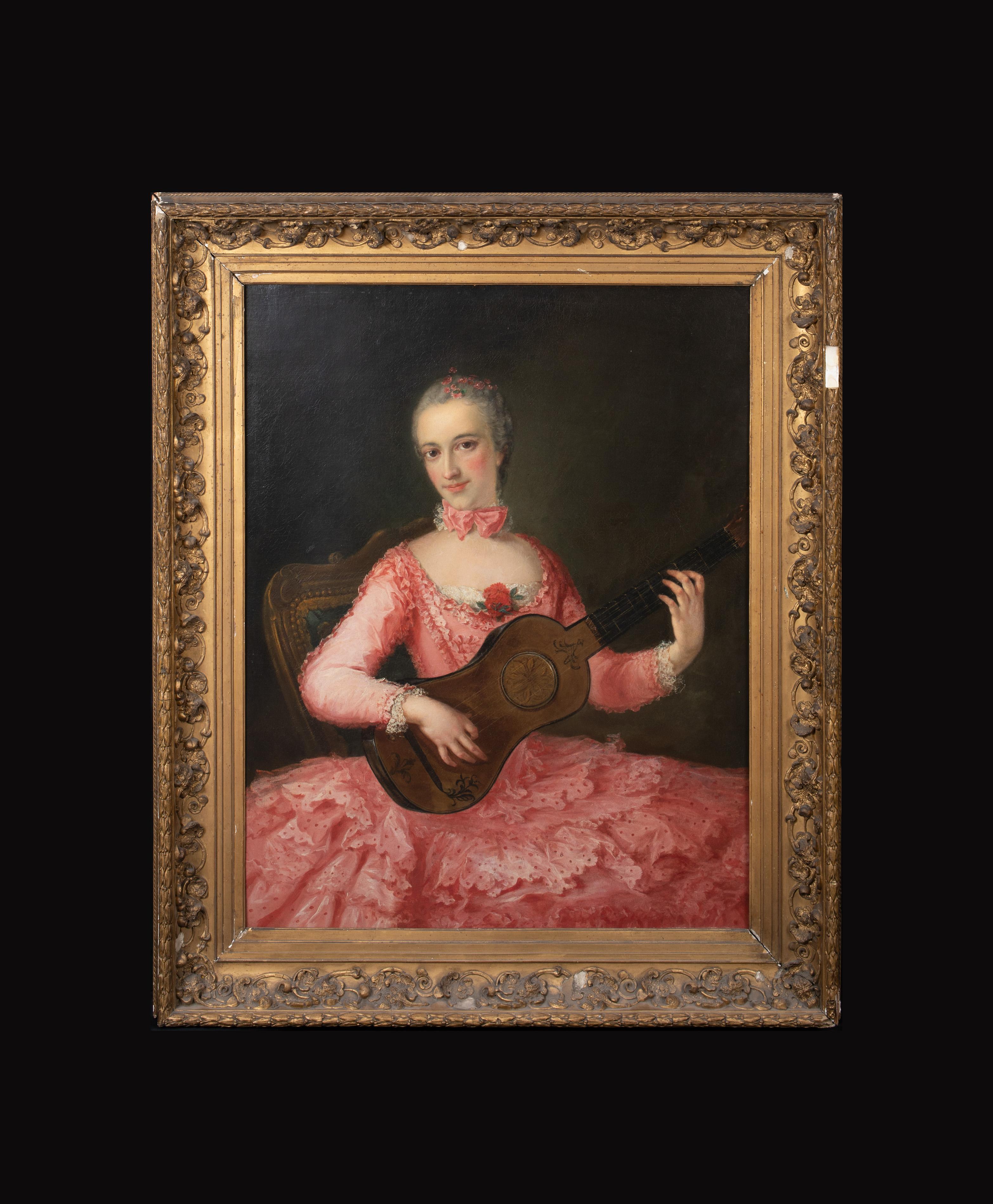 Ritratto di Lady Pink che tiene in mano una chitarra, XVIII secolo - Painting di Unknown