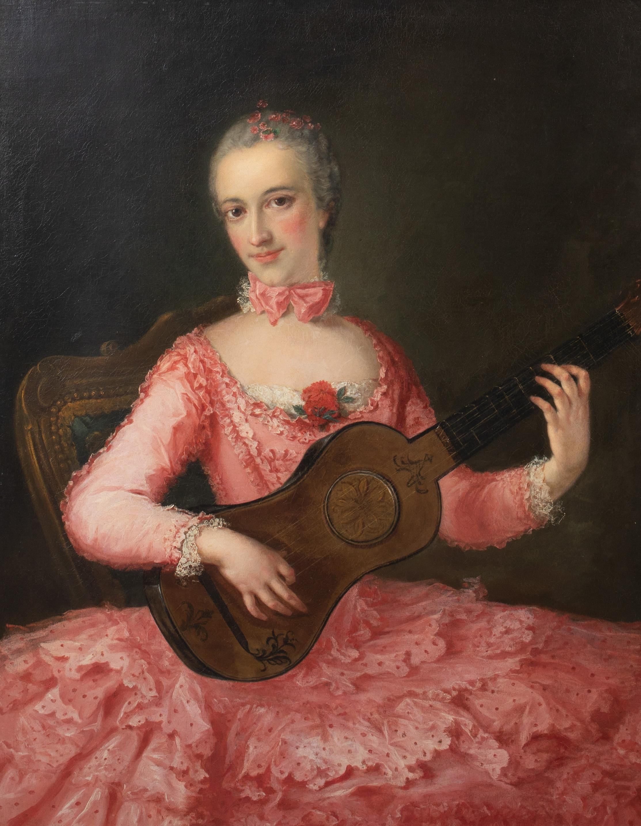 Ritratto di Lady Pink che tiene in mano una chitarra, XVIII secolo - Portrait Painting Marrone di Unknown