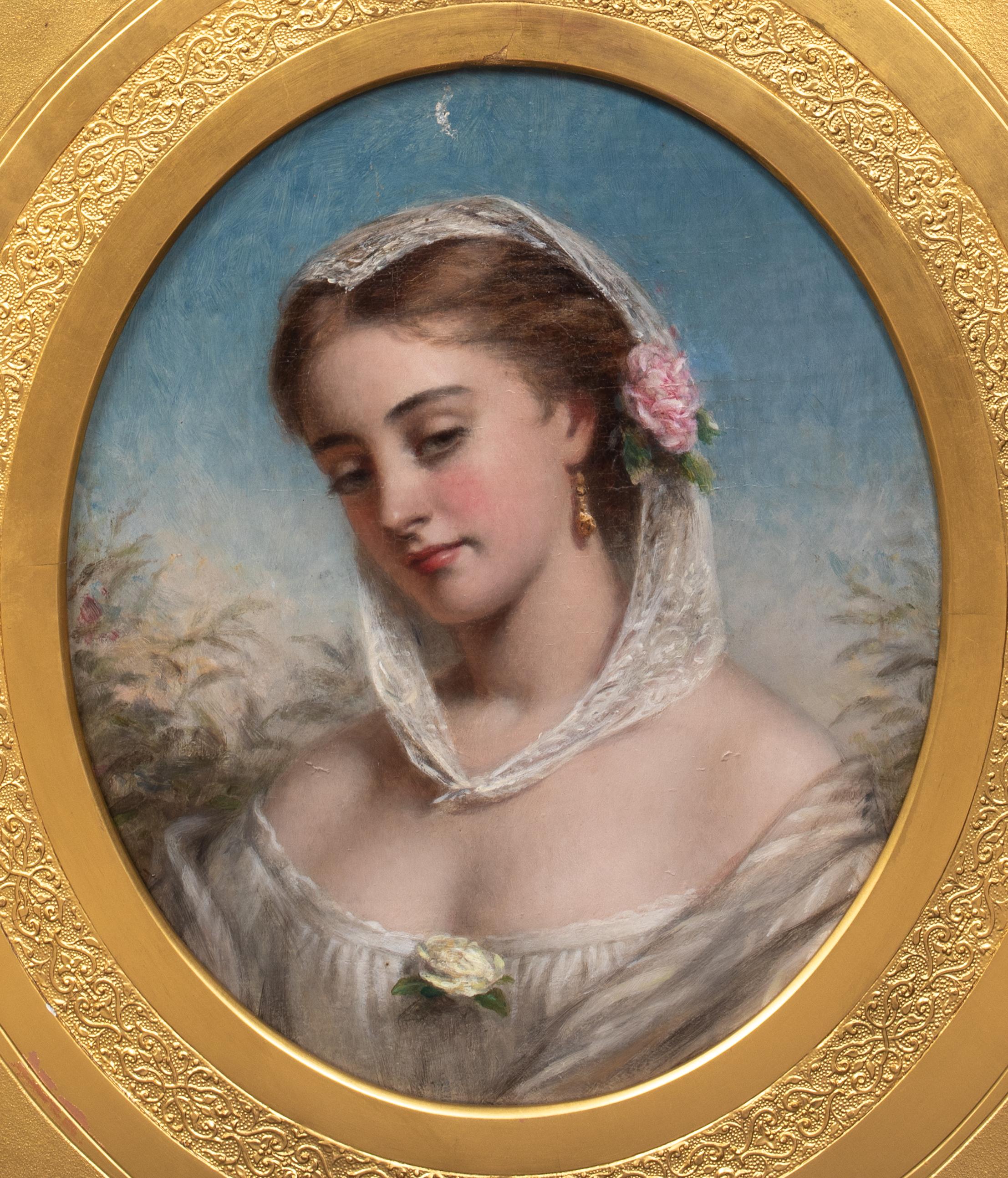 Retrato De Una Dama Con Mantilla Blanca, Siglo XIX 

por Joshua Hargrave Sams MANN (1826-1886) ventas a 25.000 $.

Retrato prerrafaelita inglés del siglo XIX de una dama con vestido blanco y manilla, óleo sobre lienzo de Joseph Mann. Excelente