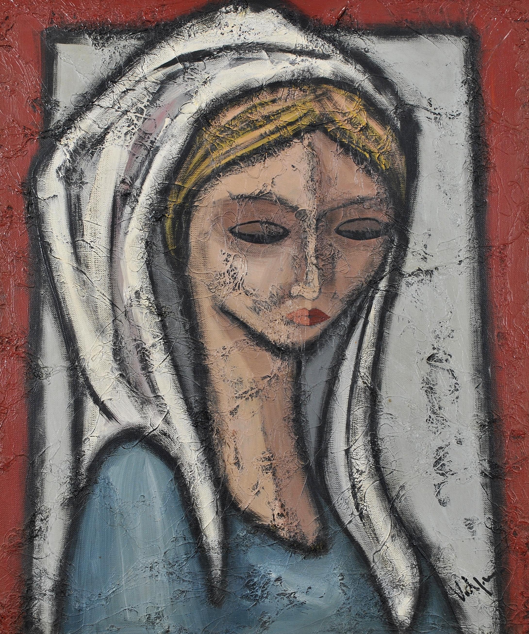A beautiful mid 20th century Southeastern European oil on canvas portrait of a lady wearing a white headdress. 

This intriguing work is expertly painted with thick impasto paintwork which has been built up across the surface. 

Indistinctly signed
