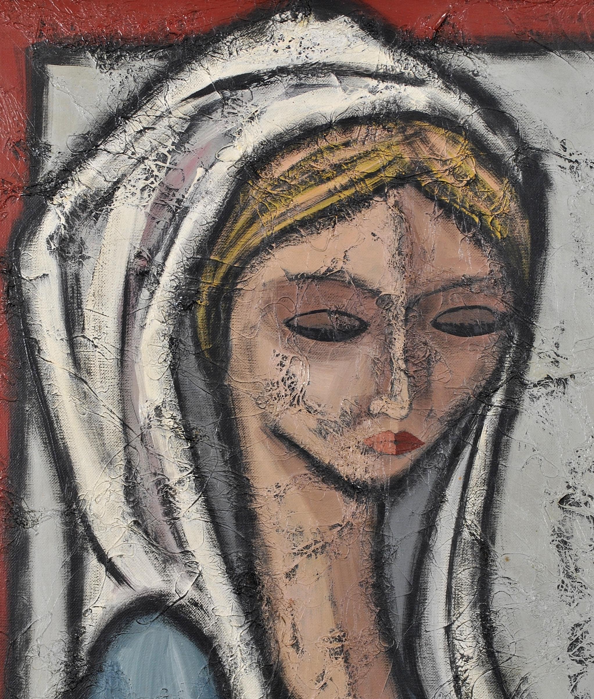 Magnifique huile sur toile du milieu du XXe siècle représentant une dame portant une coiffe blanche. 

Cette œuvre intrigante est peinte de manière experte avec des empâtements épais qui ont été construits sur toute la surface. 

Indistinctement