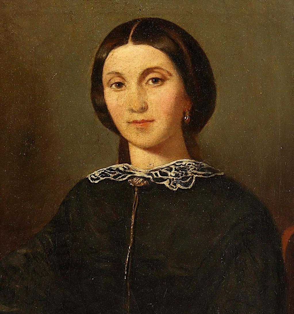 Portrait d'une femme - Huile sur toile française du milieu du XIXe siècle - Peinture ancienne - Marron Portrait Painting par Unknown