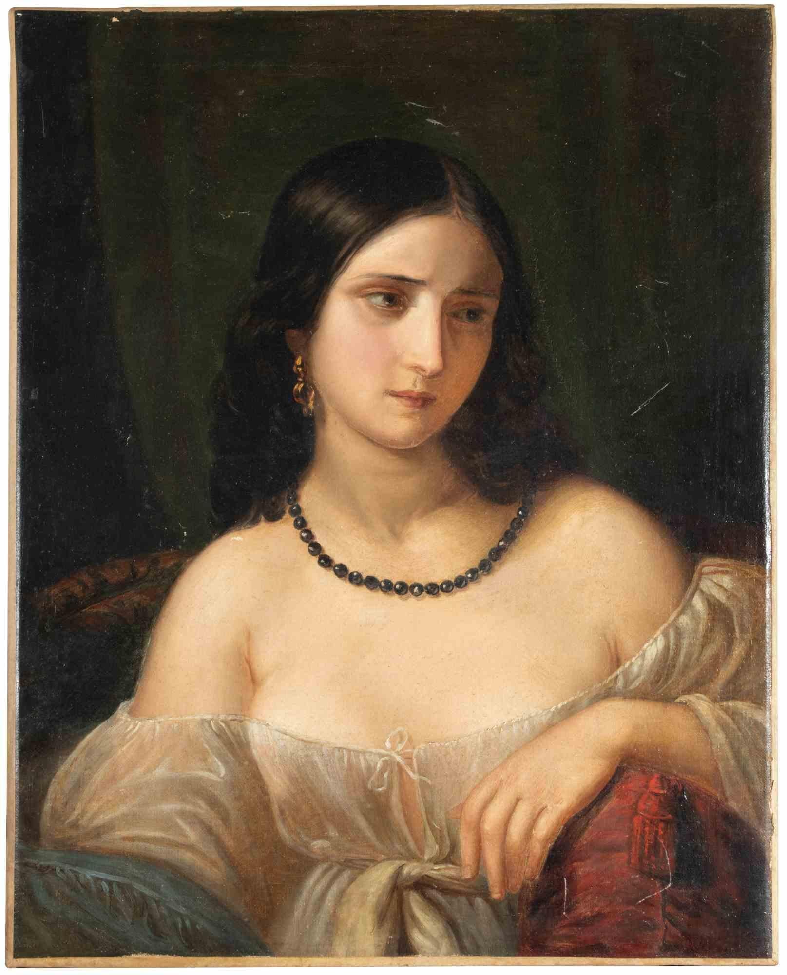 Unknown Portrait Painting – Porträt einer Dame – Ölfarbe – 19. Jahrhundert