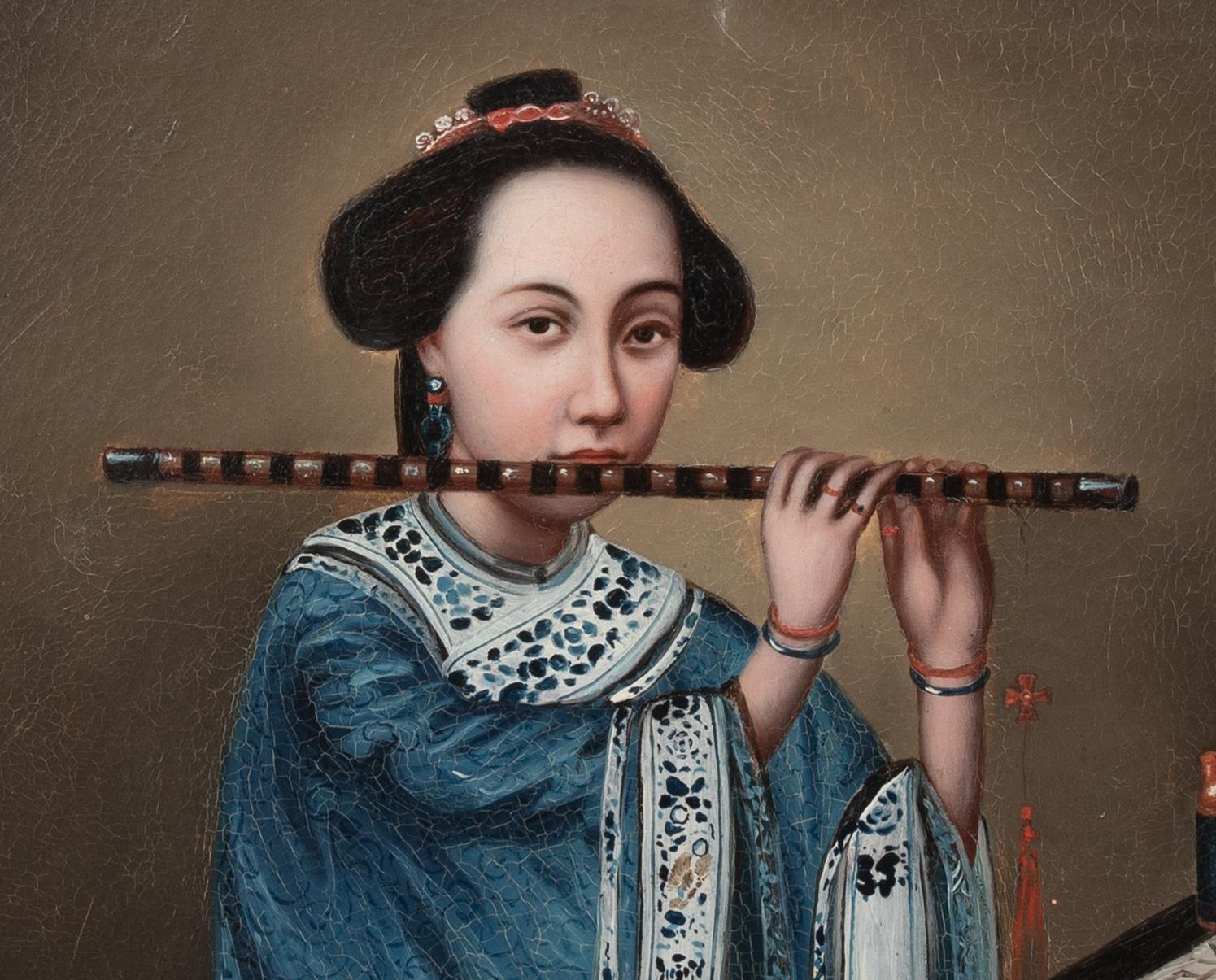 Portrait Of A Lady PLaying The Flute 19th Century  circle of Lam QUA (1801-1860) 1