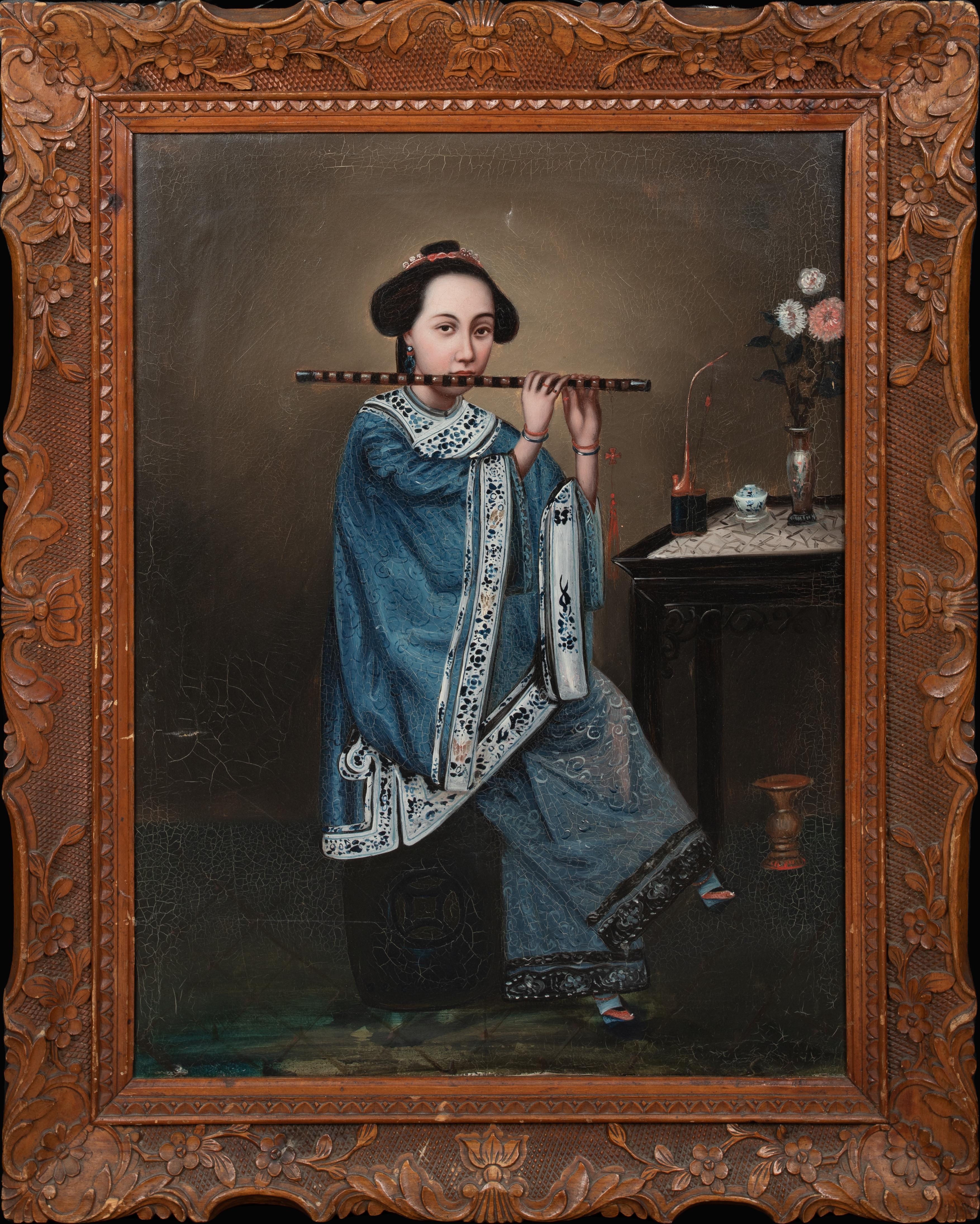 Unknown Portrait Painting - Portrait Of A Lady PLaying The Flute 19th Century  circle of Lam QUA (1801-1860)