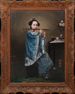 Antique Portrait Of A Lady PLaying The Flute 19th Century  circle of Lam QUA (1801-1860)