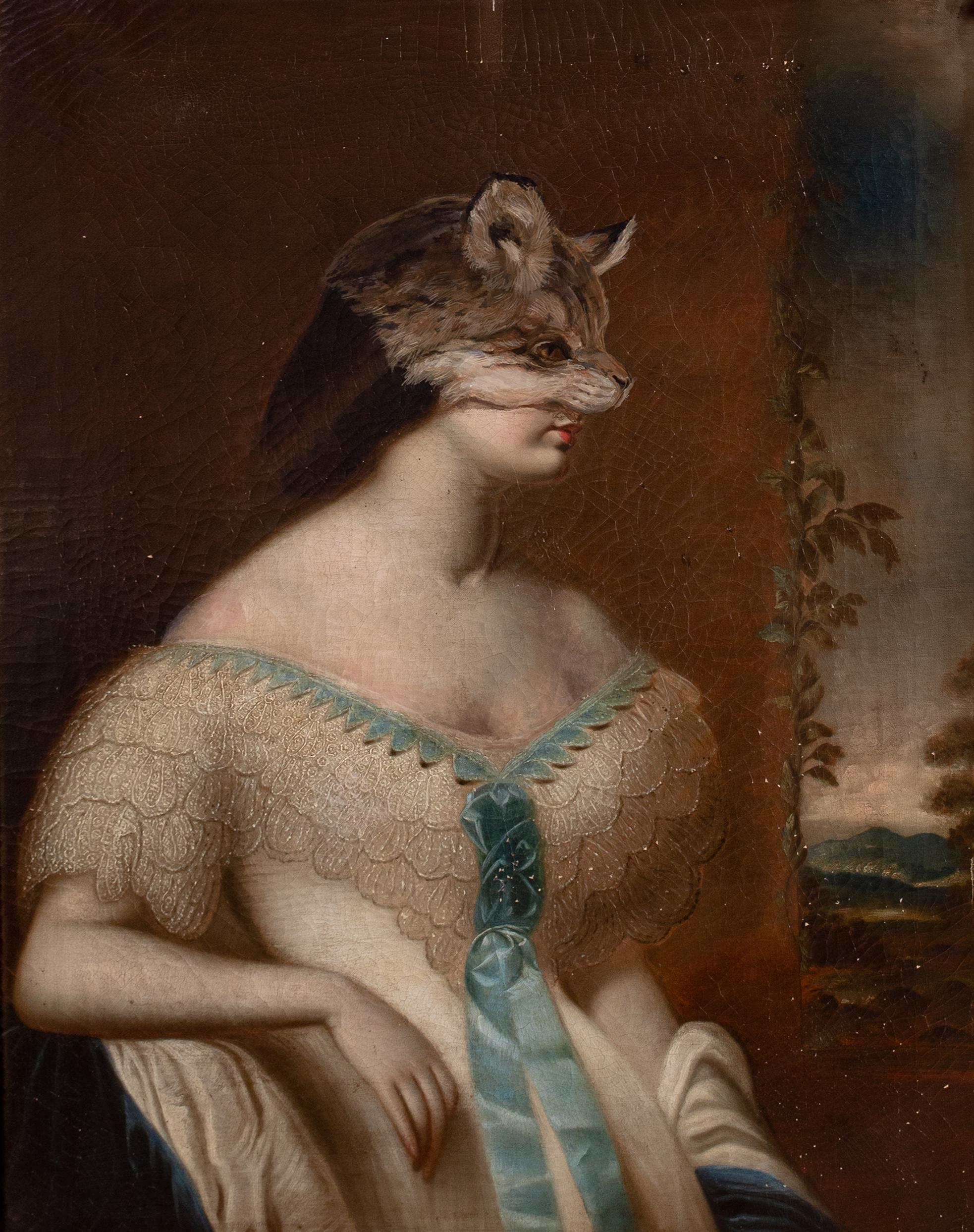 Portrait Of A Lady Wearing a Cougar Skin Mask, 19th Century - Brown Portrait Painting by Unknown