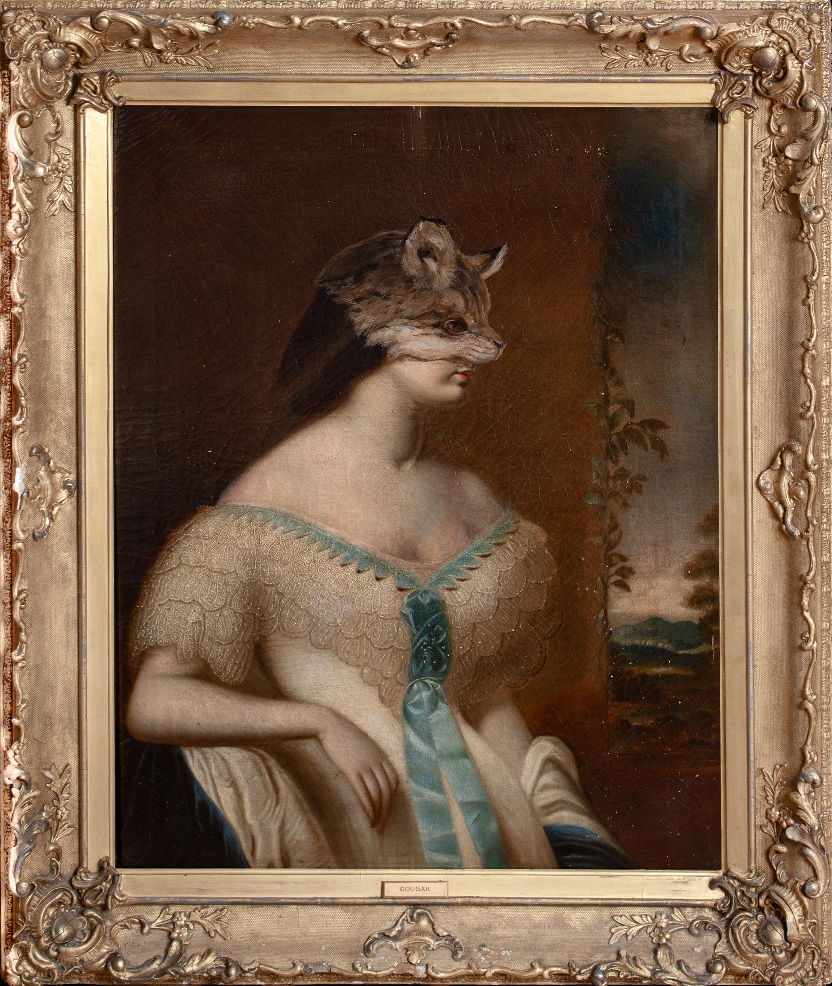Unknown Portrait Painting - Portrait Of A Lady Wearing a Cougar Skin Mask, 19th Century