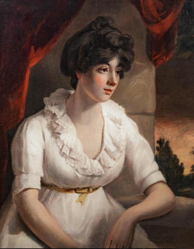 Portrait einer Dame, die ein weißes Kleid trägt, schönes Porträt der englischen Schule, 1840 – Painting von Unknown