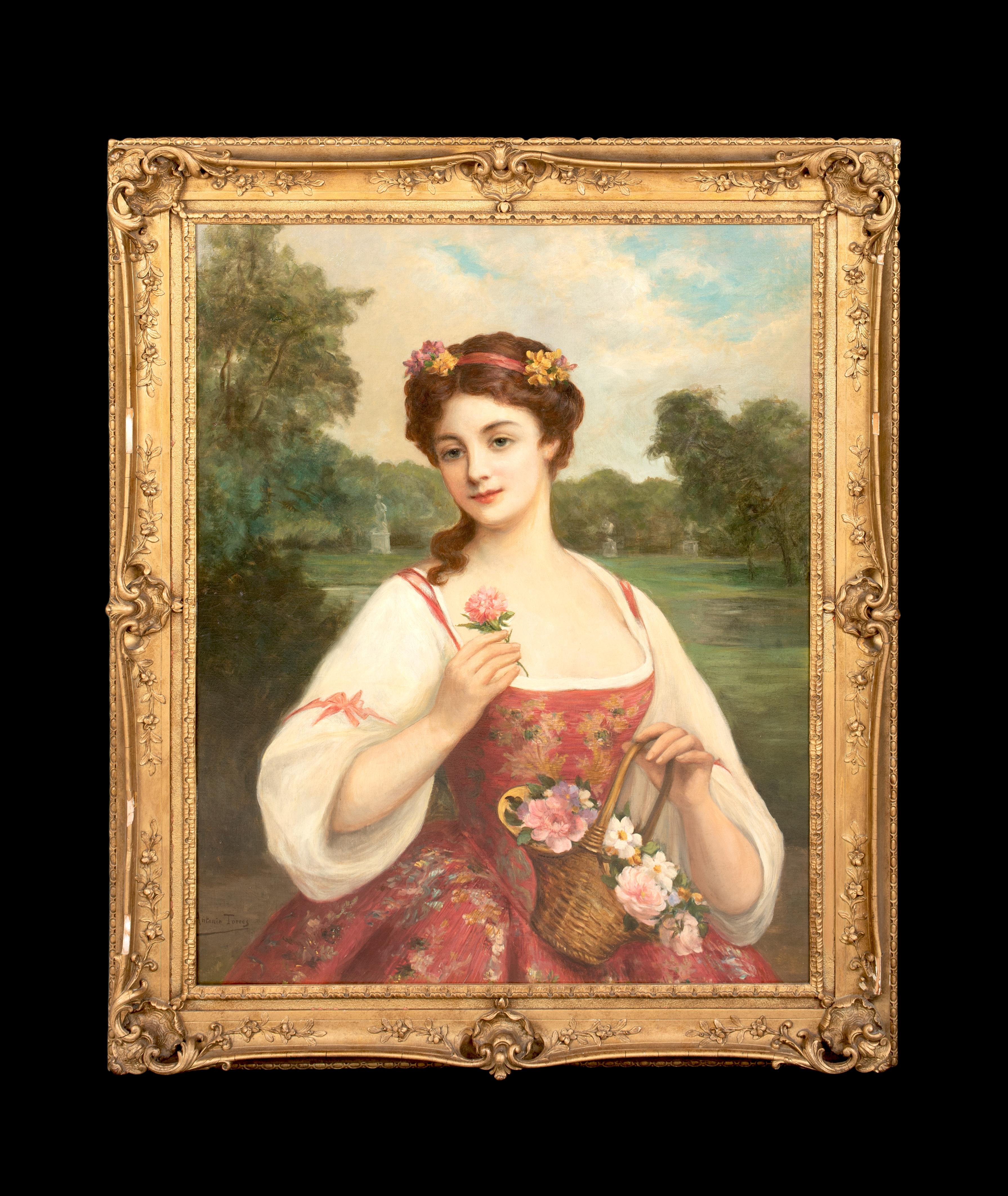 Portrait d'une femme avec un panier de roses, 19e siècle  par Antonio Torres - Painting de Unknown
