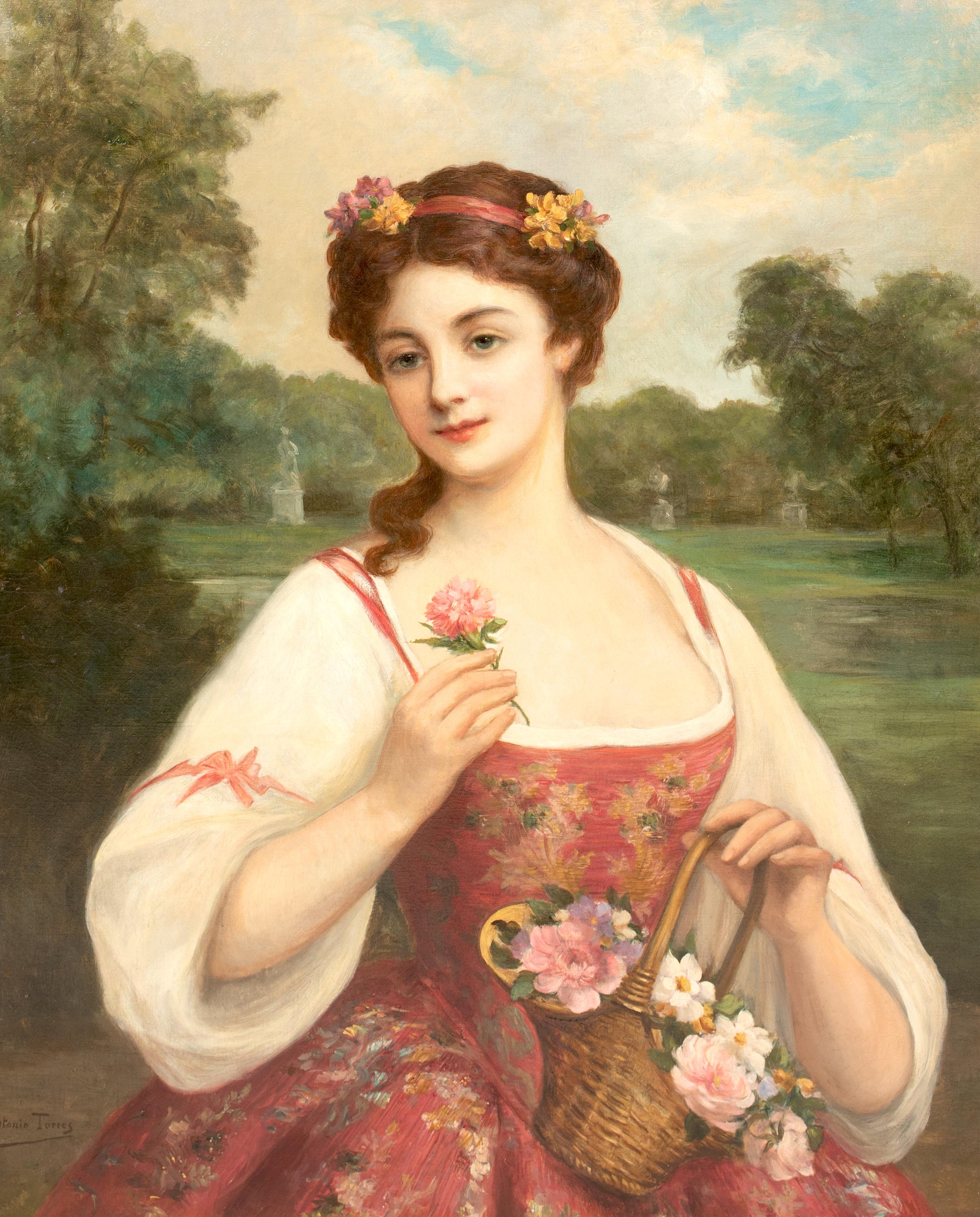 Portrait d'une femme avec un panier de roses, 19e siècle  par Antonio Torres - Marron Portrait Painting par Unknown