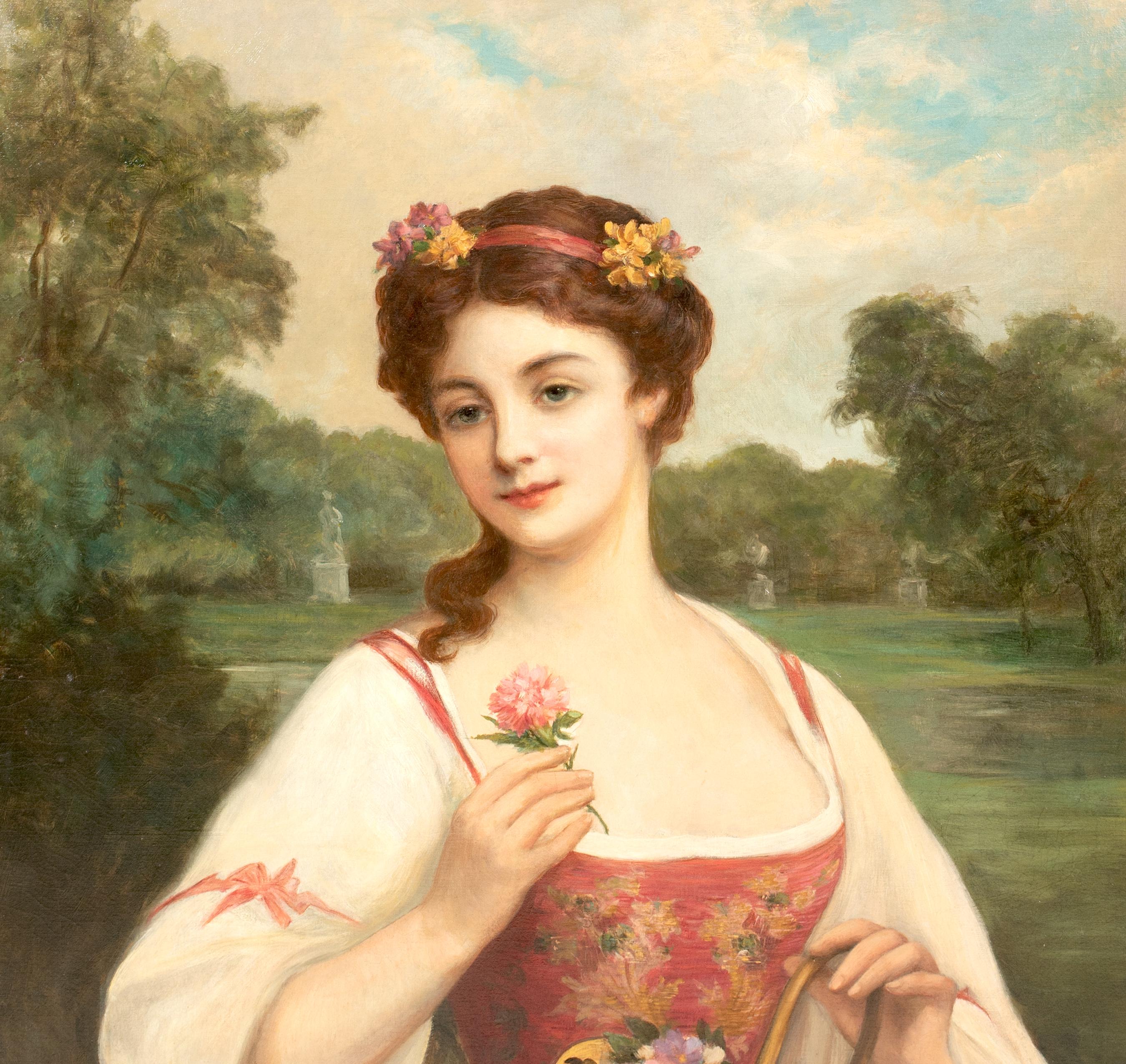 Portrait d'une femme avec un panier de roses, 19e siècle  par Antonio Torres en vente 2