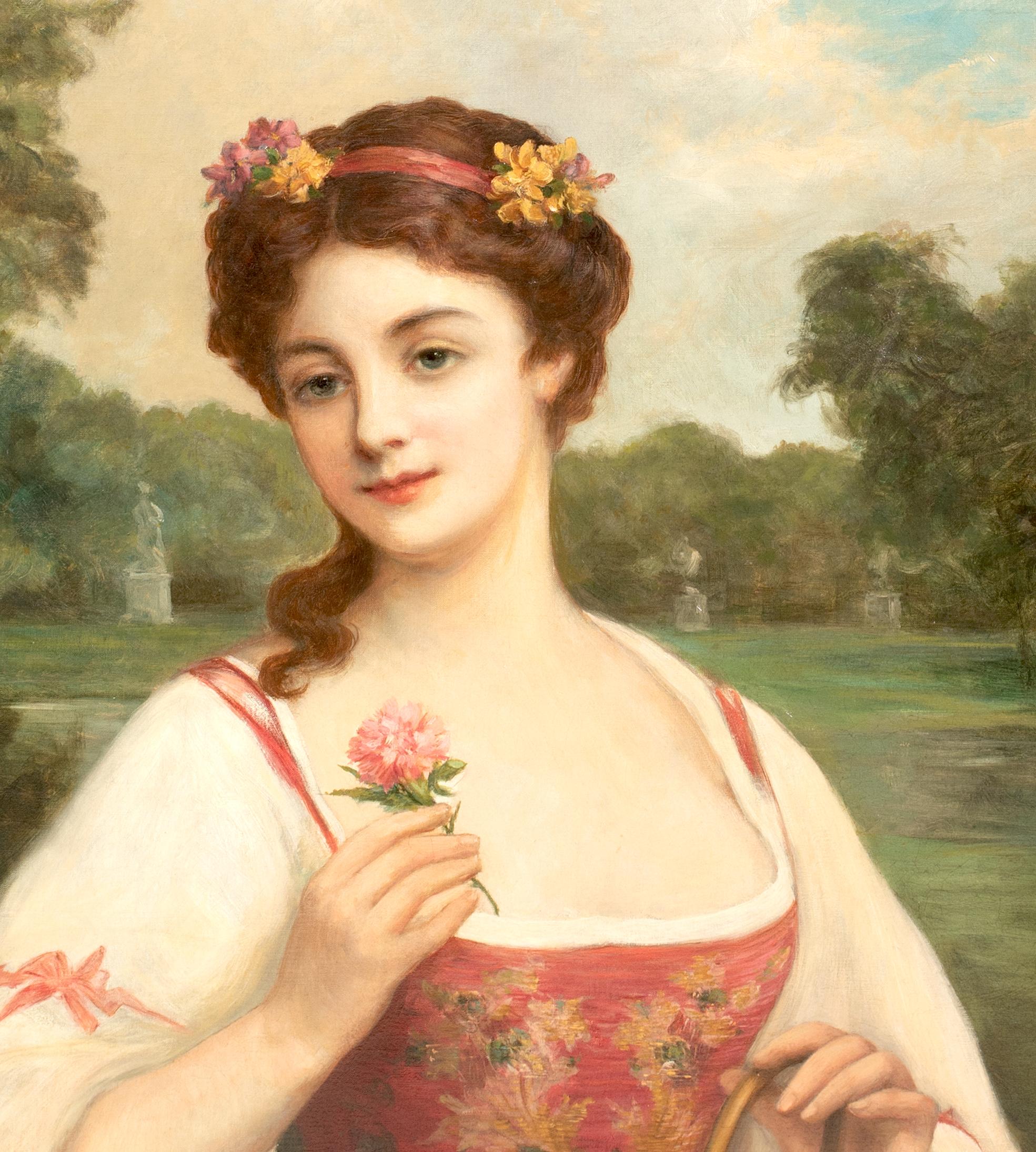 Portrait d'une femme avec un panier de roses, 19e siècle  par Antonio Torres en vente 3