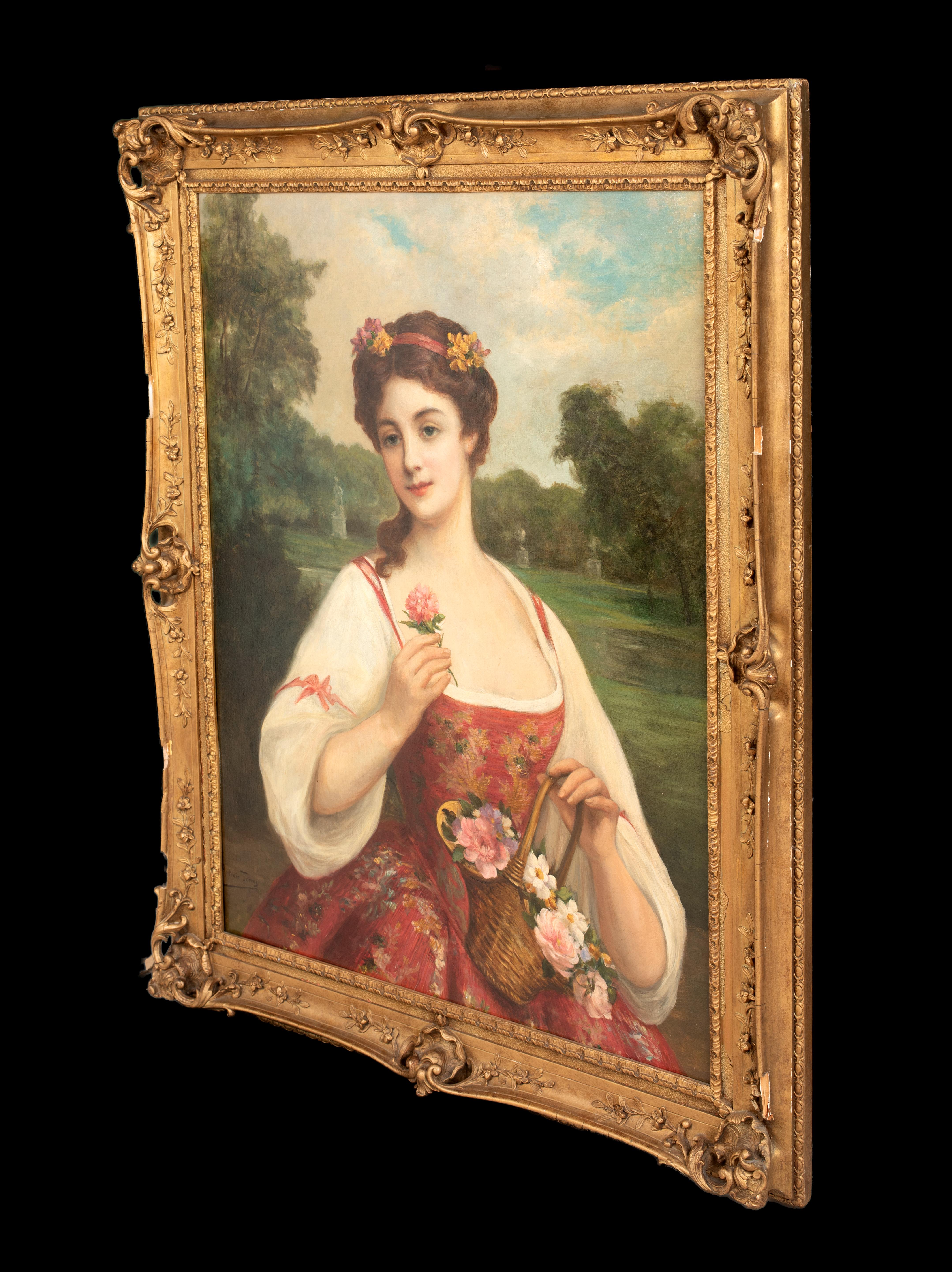 Portrait d'une femme avec un panier de roses, 19e siècle  par Antonio Torres en vente 4