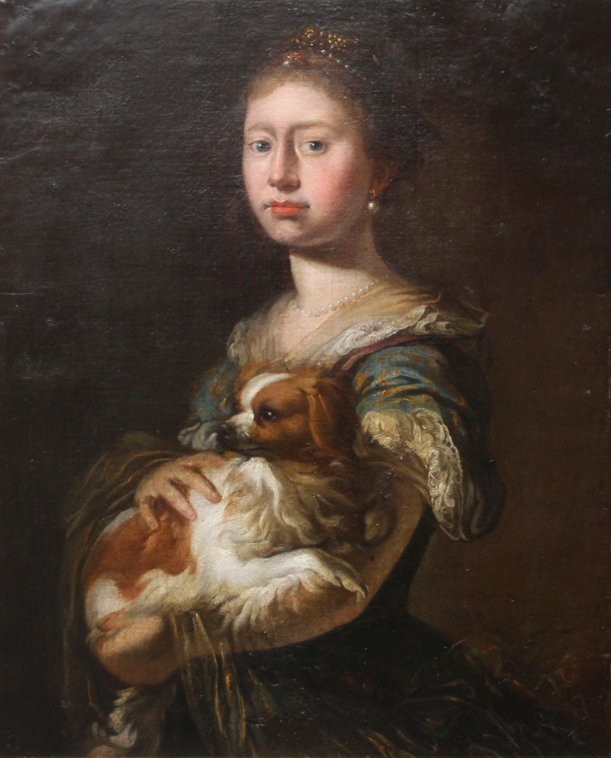 Portrait of a Lady with her Dog - 17th Century art European School oil painting 2