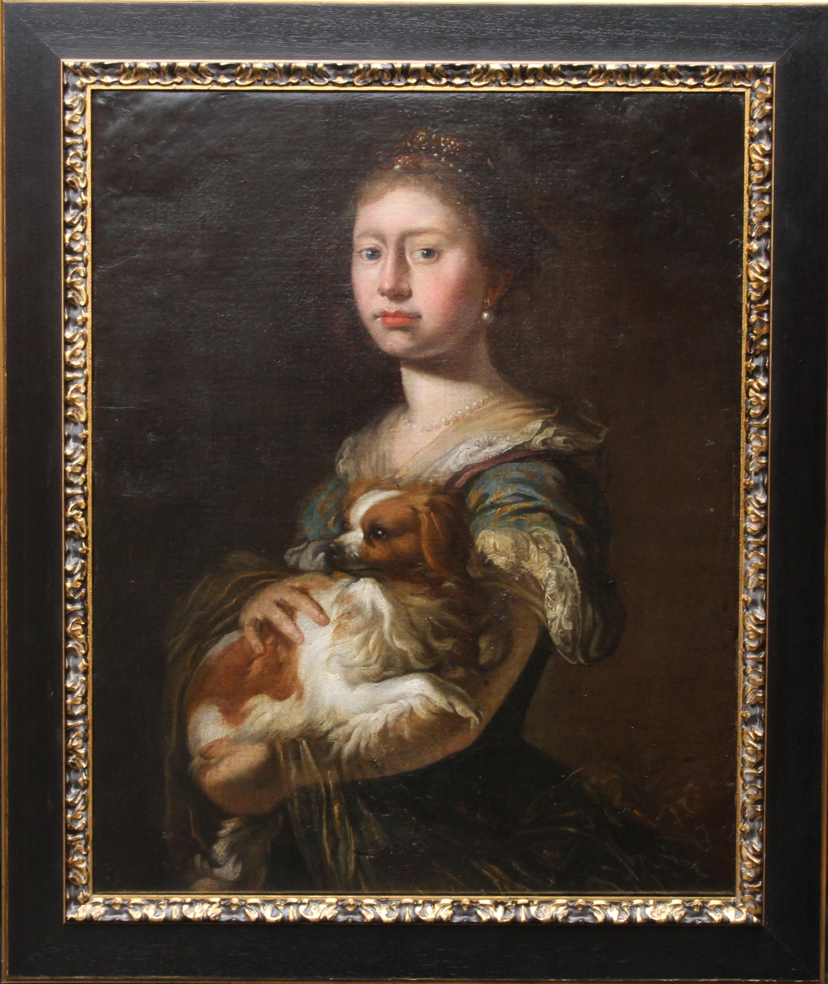 Unknown Animal Painting - Portrait of a Lady with her Dog - 17th Century art European School oil painting