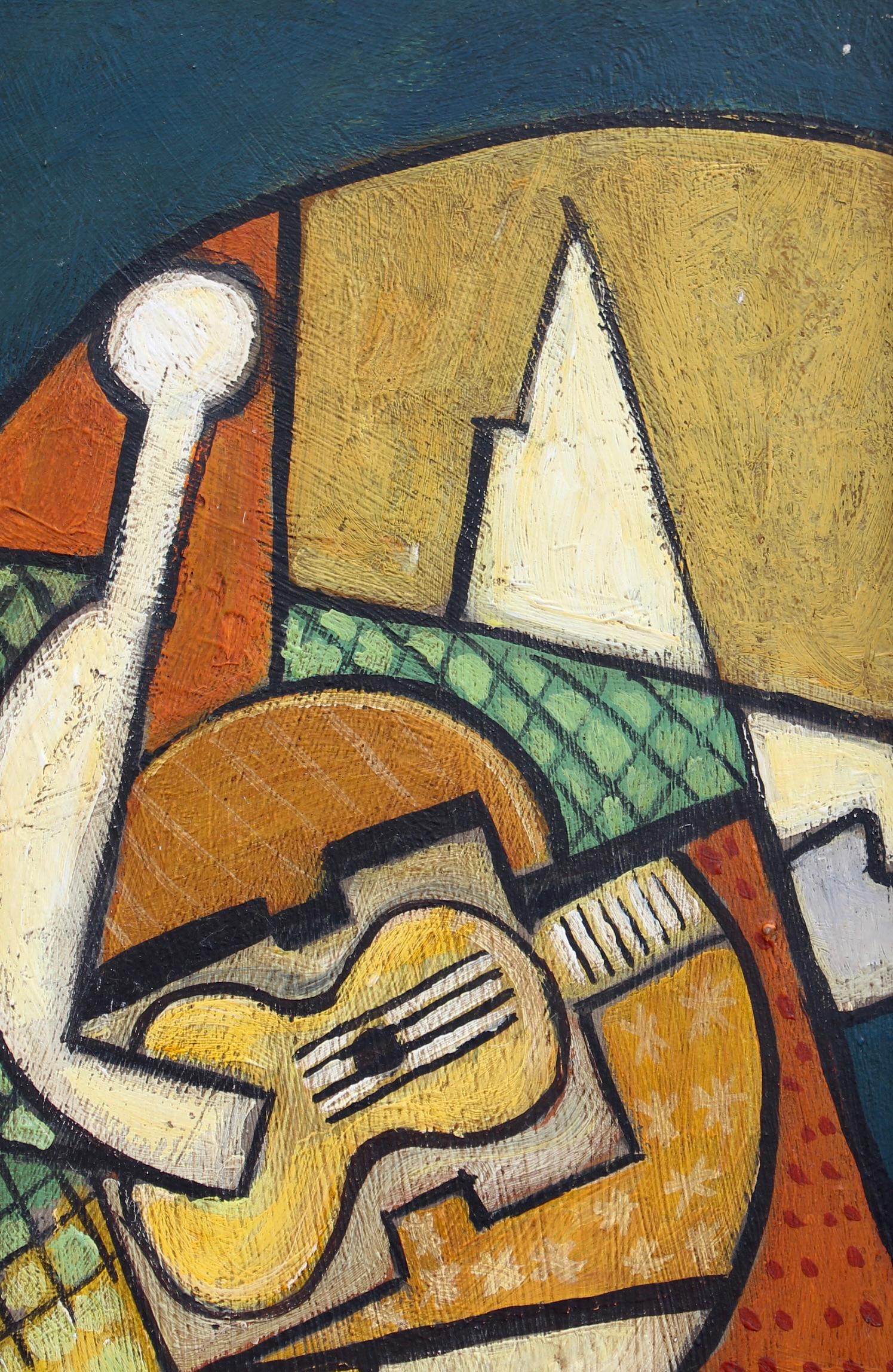 Porträt eines Gitarre spielenden Mannes, Öl auf Karton, Berliner Schule (ca. 1960er Jahre). Dieses Gemälde ist eindeutig von den Werken von Georges Braque (1882-1963) und Juan Gris (1887-1927) inspiriert und ähnelt den experimentellen Darstellungen