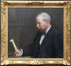 Antique Portrait of a Man Reading in an Interior - British Edwardian art oil painting