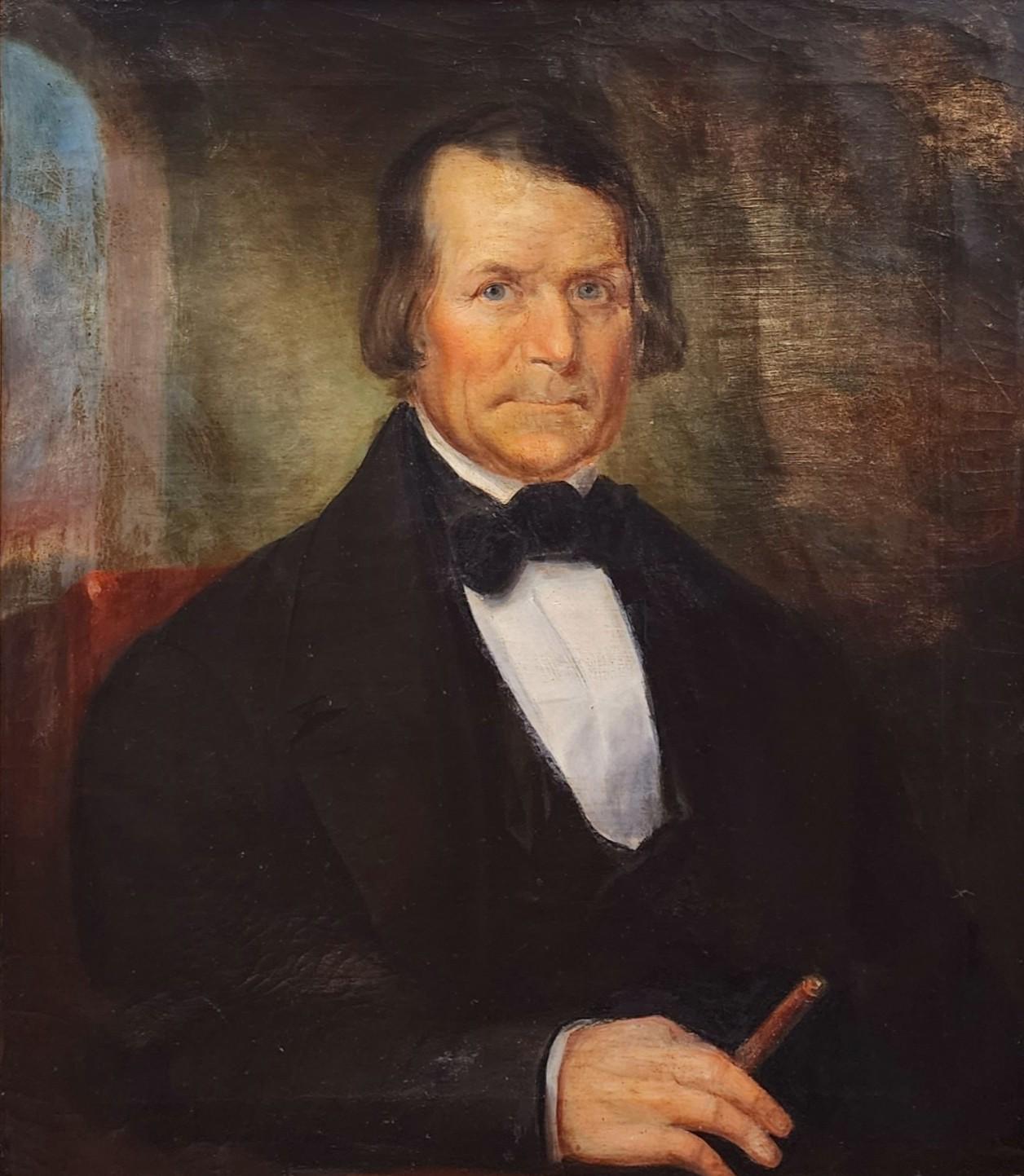 Portrait of a Man with a Cigar, Bowtie, Early American Portraiture, Smoking Man - Brown Portrait Painting by Unknown