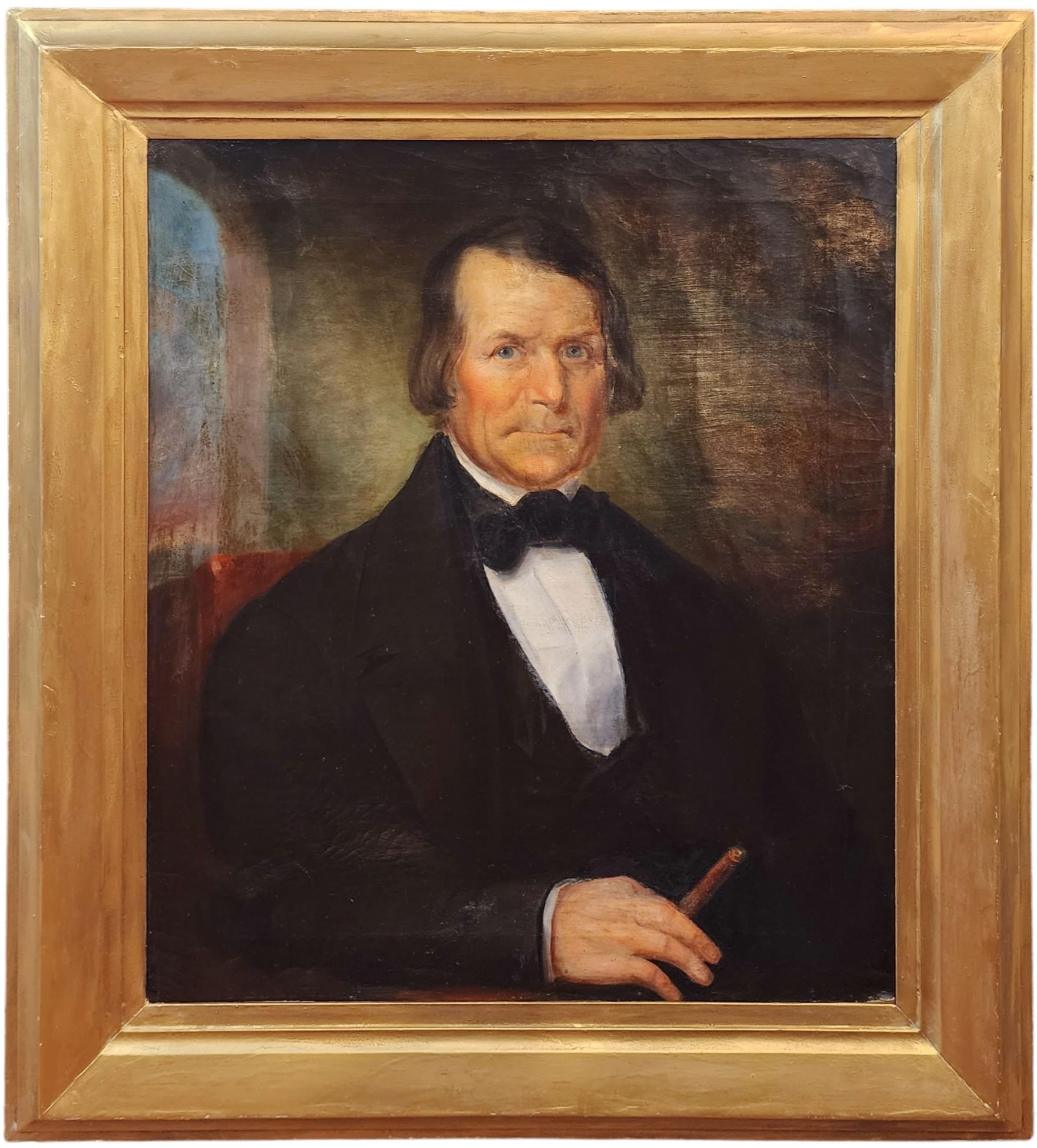 Unknown Portrait Painting – Porträt eines Mannes mit Zigarren, Bowtie, frühes amerikanisches Porträt, Rauchmann