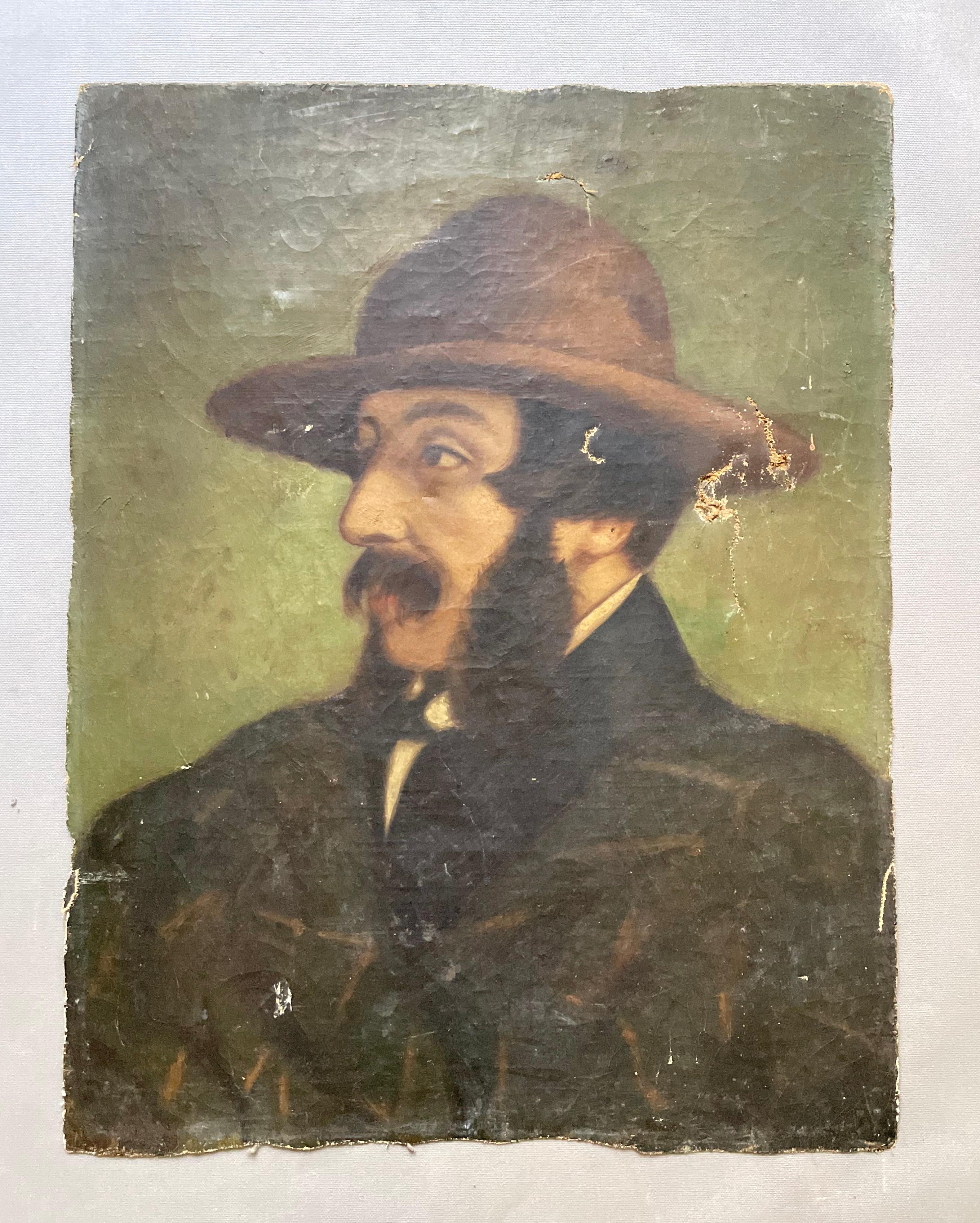 Portrait d'un homme au chapeau, huile sur toile, fin du XIXe siècle - Painting de Unknown