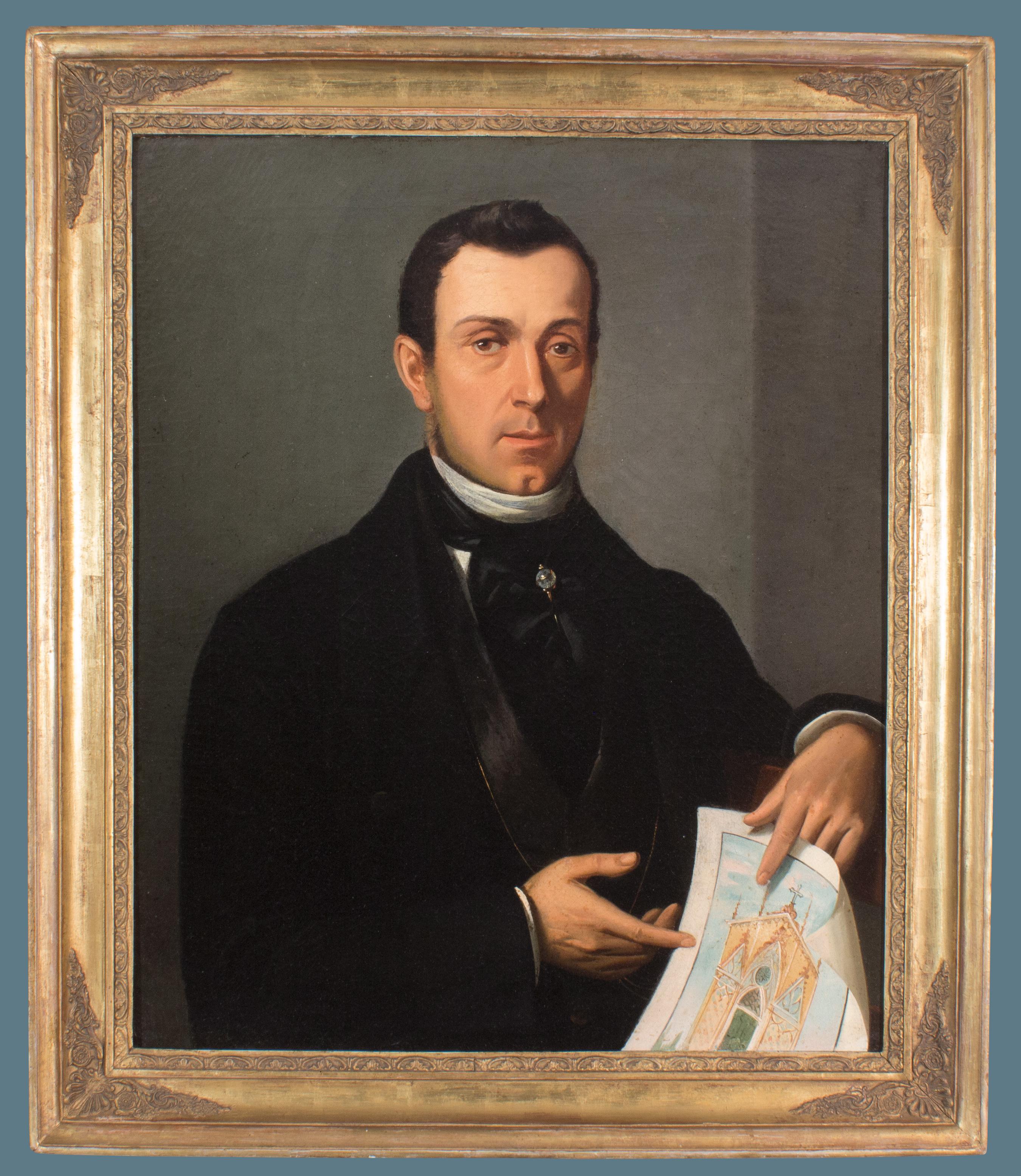 Unknown Portrait Painting - Portrait of a Man with Architectural Drawing by a European Artist