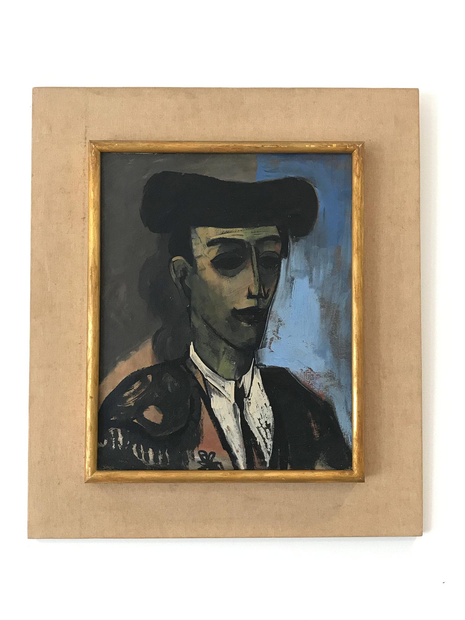 This painting depicts a striking portrait of a young Matador with dark hair against a blue background. The colors and quick brush strokes are what make this painting so distinctive and strong and we are somehow reminded of the work by Bernard
