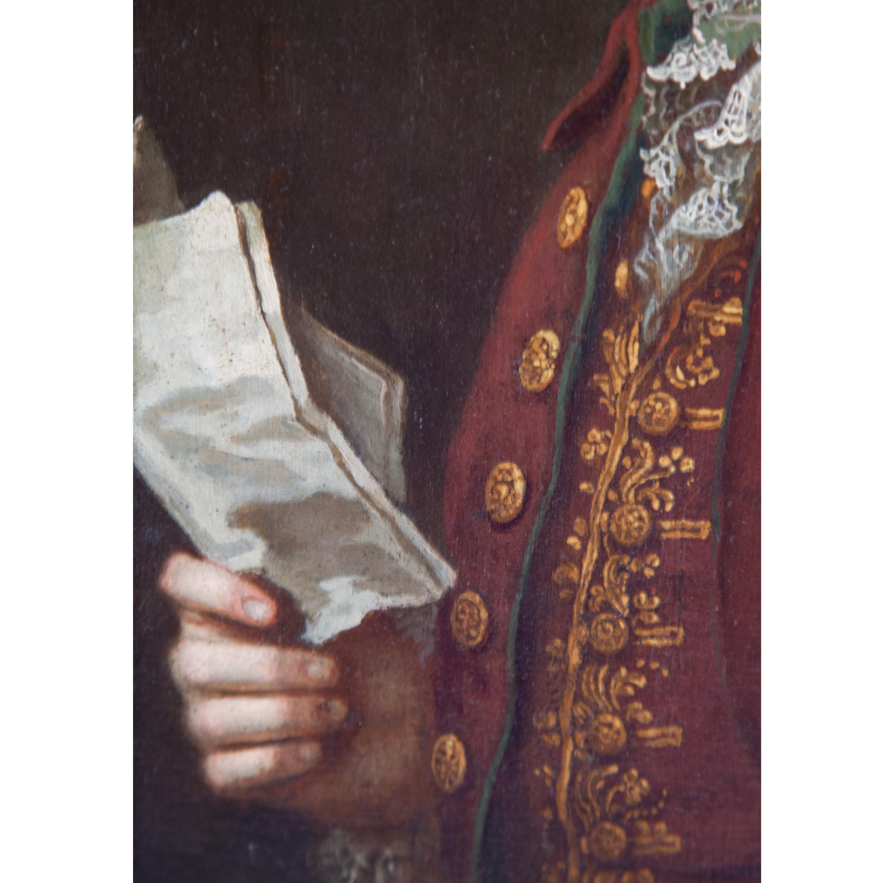 Portrait of a nobleman with a white curly wig and a red jacket with golden buttons and embroideries. He holds a letter in his right hand and looks directly at the viewer. 
Picture size: 44 x 32 cm
In gold patinated stucco frame
Oil on canvas,
