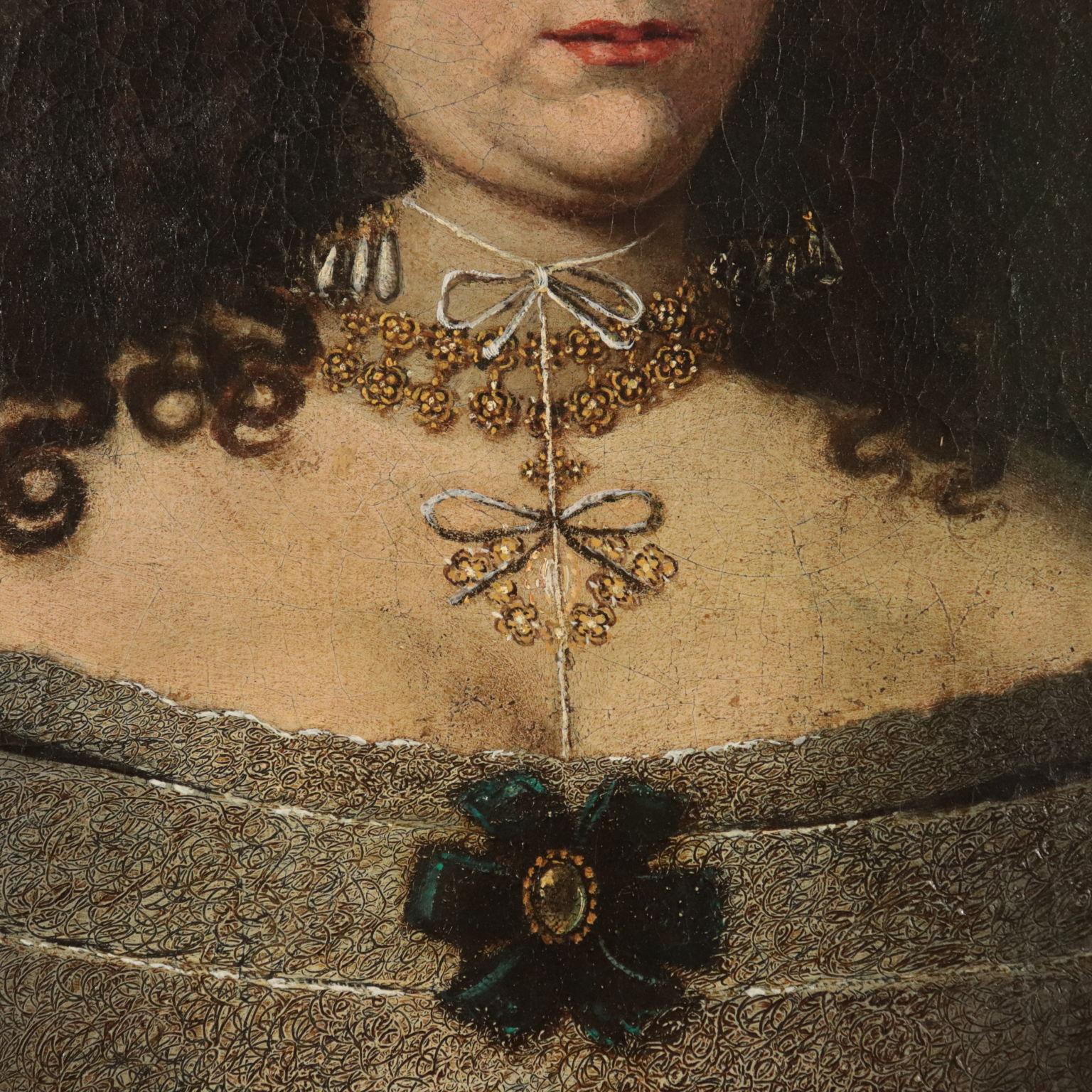 Oil on canvas. Portrait of a rich woman with an elegan gown embellished with shown off jewels lined up on a vertical line that starting from her face, down her neck, richly dressed up with a glod neckless, has her center on the cameo on the woman's