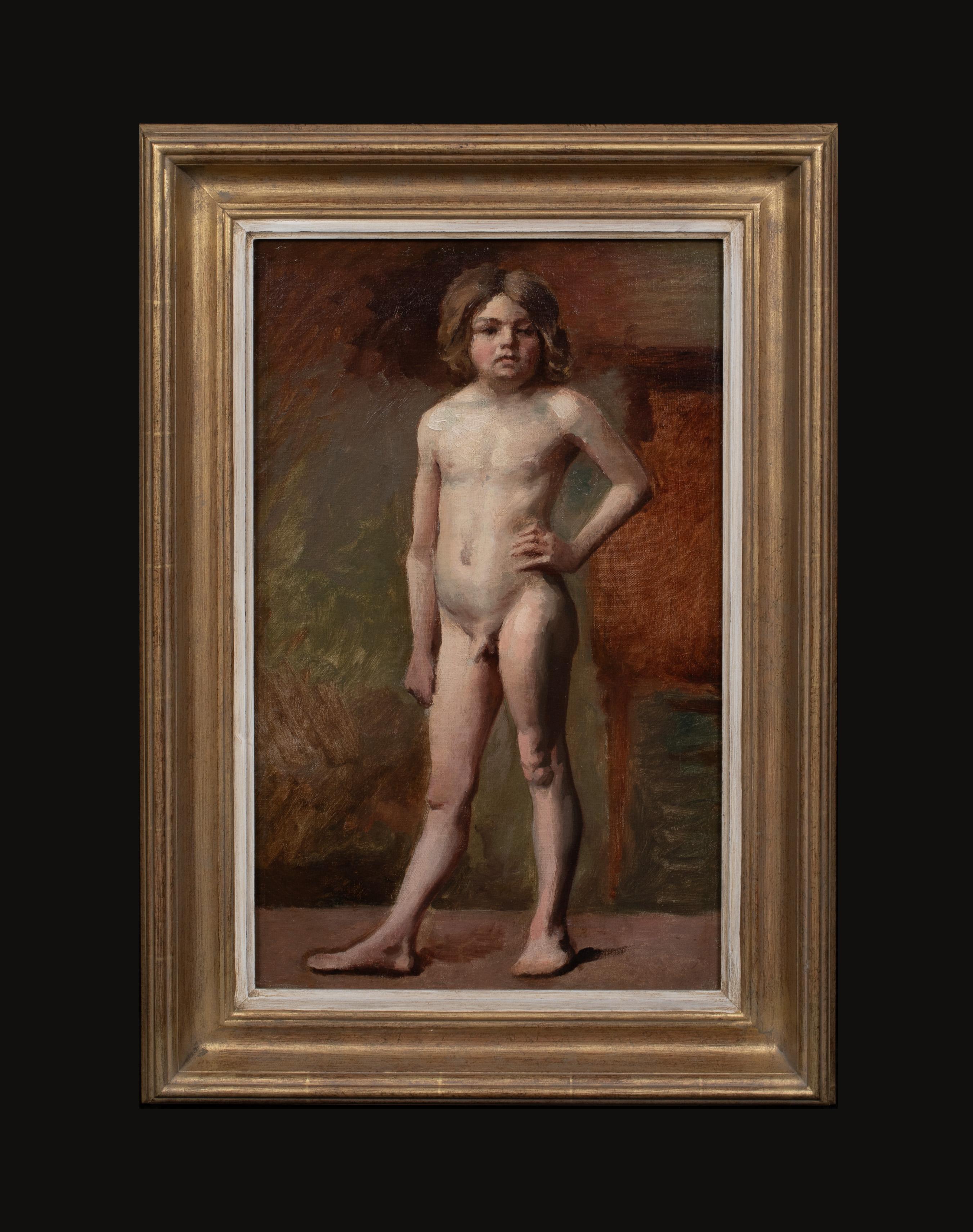 Portrait d'un garçon nu, début du XXe siècle  cercle d'Henry Scott Tuke - Marron Portrait Painting par Unknown