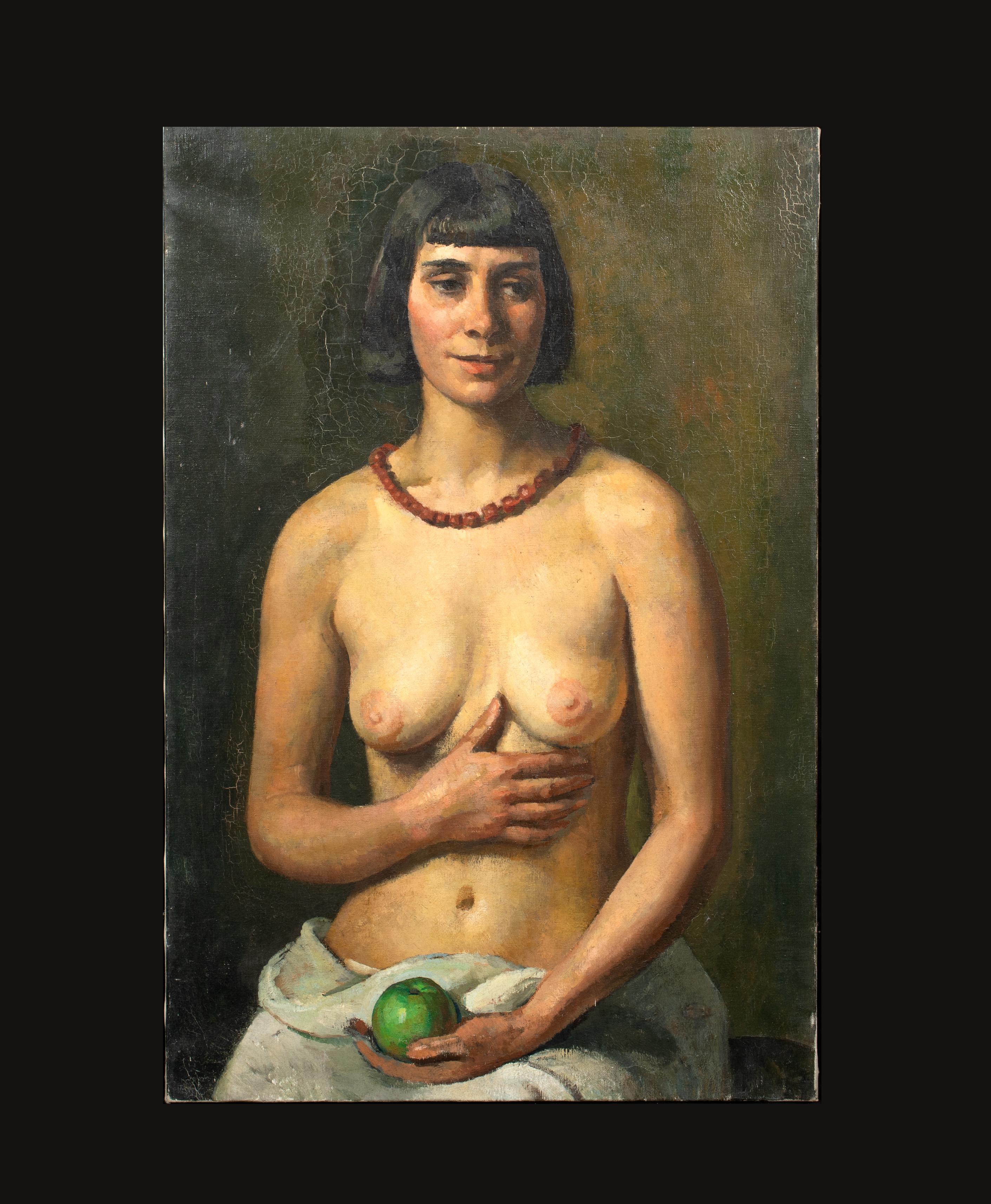 Portrait Of A Nude Holding An Apple, early 20th Century  - Black Portrait Painting by Unknown