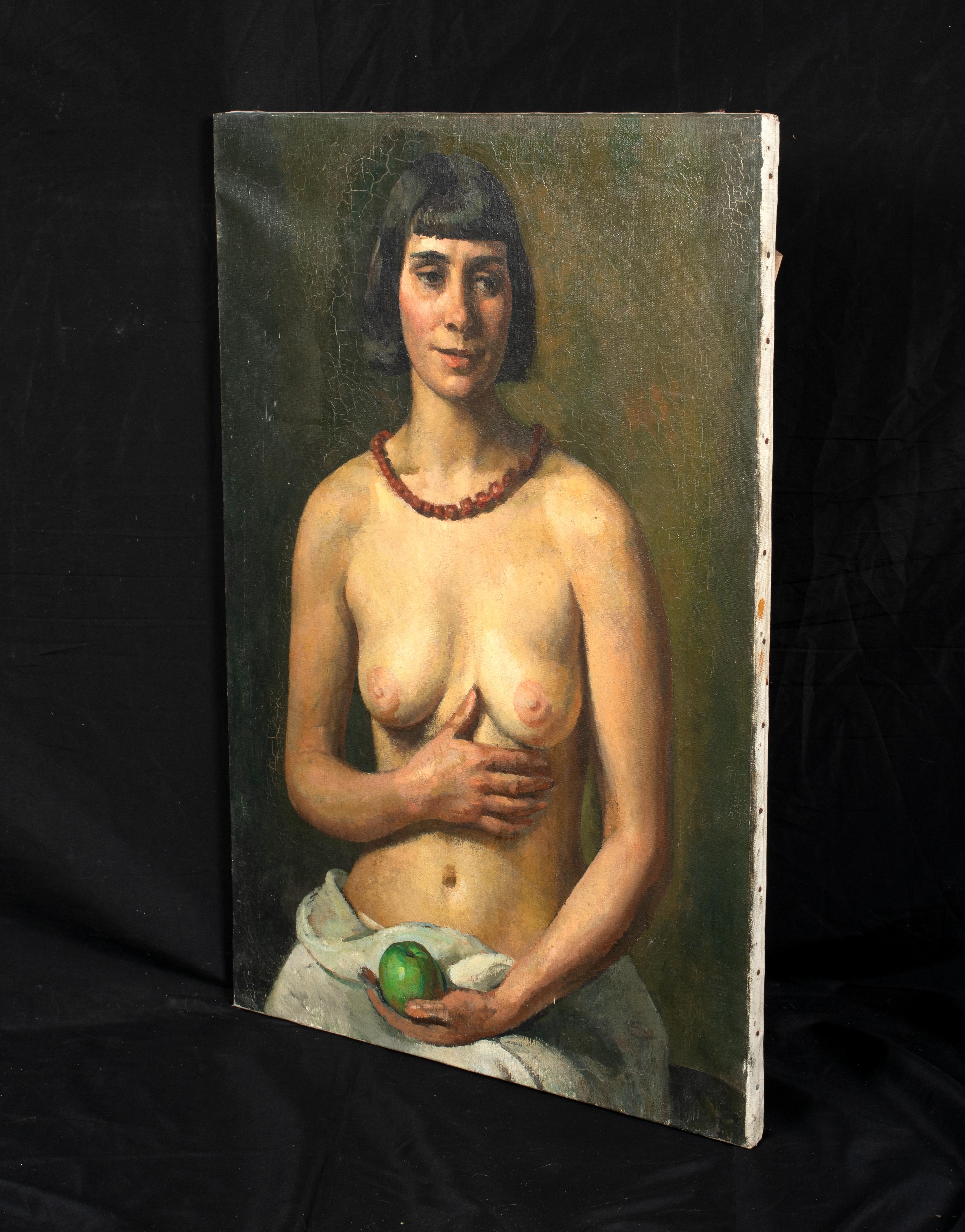 Portrait Of A Nude Holding An Apple, early 20th Century 

by Lionel Ellis (1903-1988)

Large early 20th Century English portrait of a nude holding an apple, oil on canvas by Lionel Ellis. Excellent quality and condition half length portrait of the