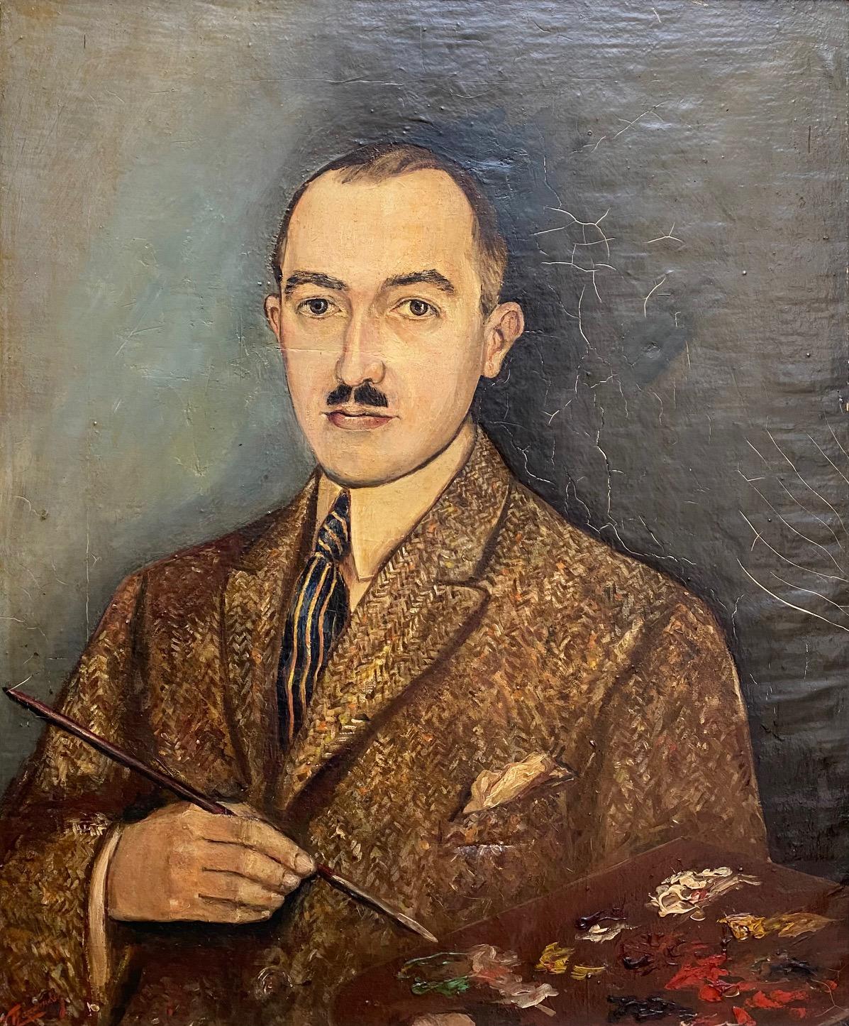 Figurative Painting di Unknown - Ritratto di pittore in costume - Olio su tavola 65x53 cm