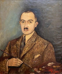 Portrait d'un peintre en costume - Huile sur bois 65 x53 cm
