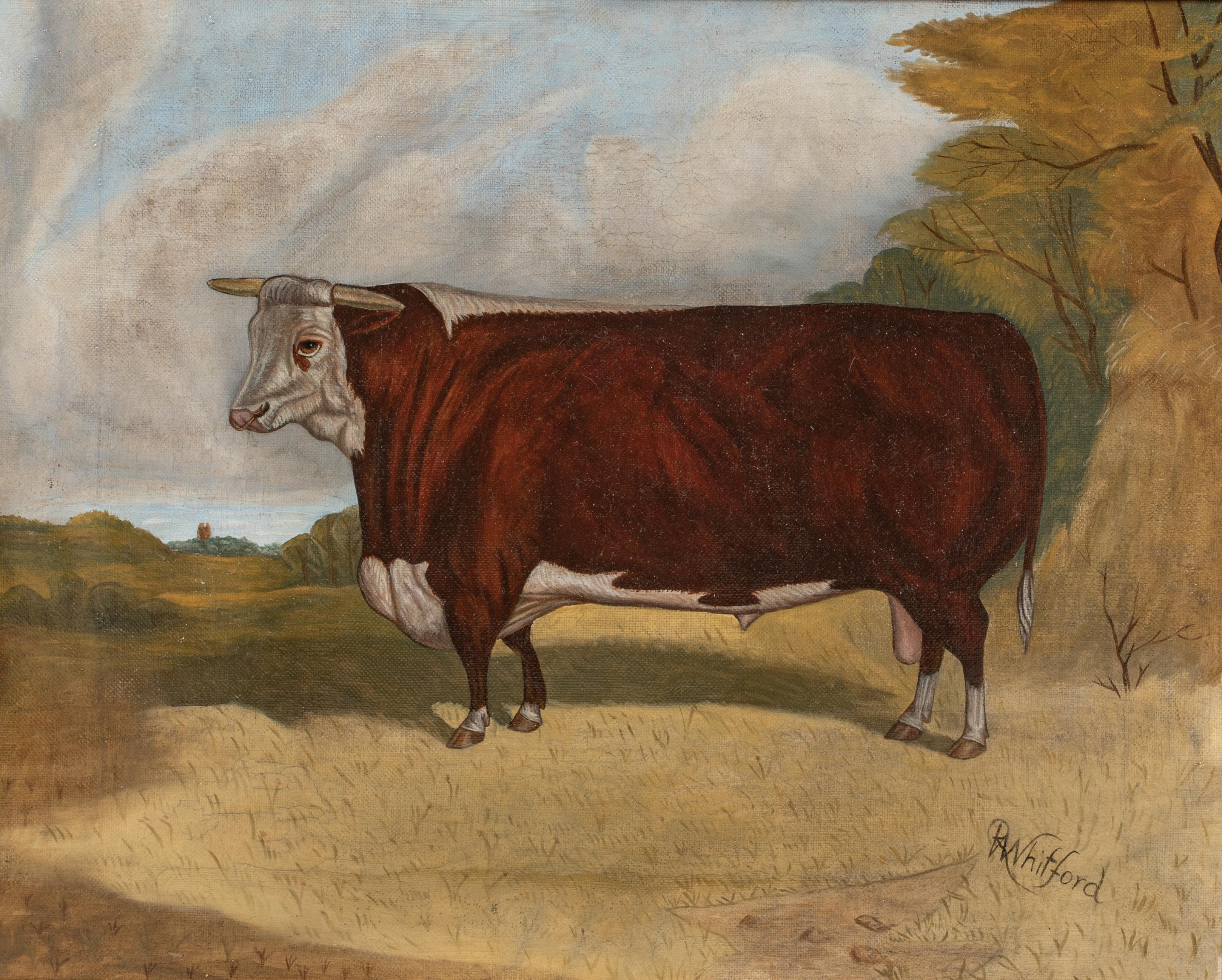 Retrato De Un Toro Hereford De Premio, Siglo XIX  por RICHARD WHITFORD (1821-1890) - Animal Painting Marrón de Unknown