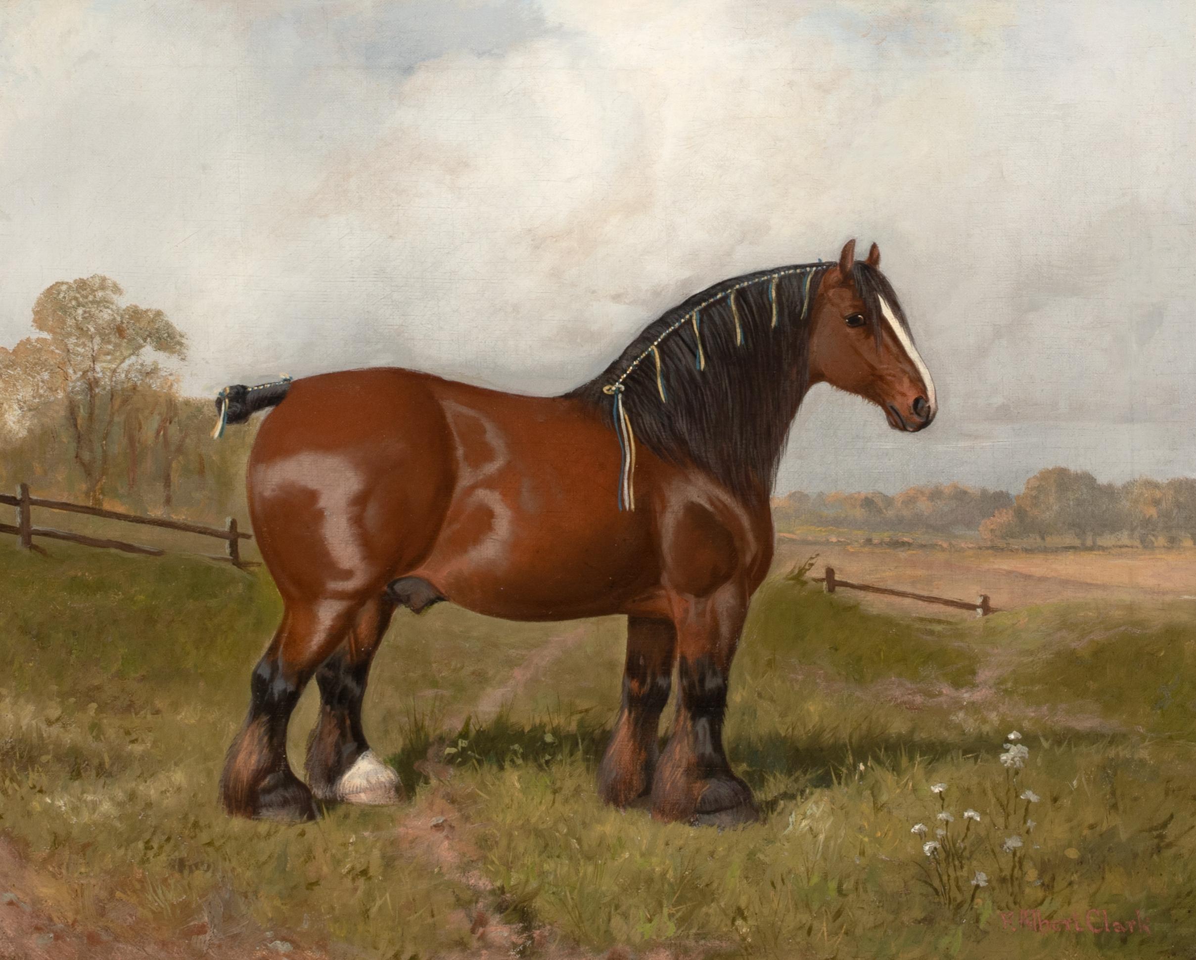 Porträt eines preisgekrönten Shire Horse, 19. Jahrhundert

WILLIAM ALBERT CLARK (1860-1843)

Großes englisches Porträt eines preisgekrönten Shire Horse aus dem 19. Jahrhundert, Öl auf Leinwand von William Albert Clark. Hervorragende Qualität und