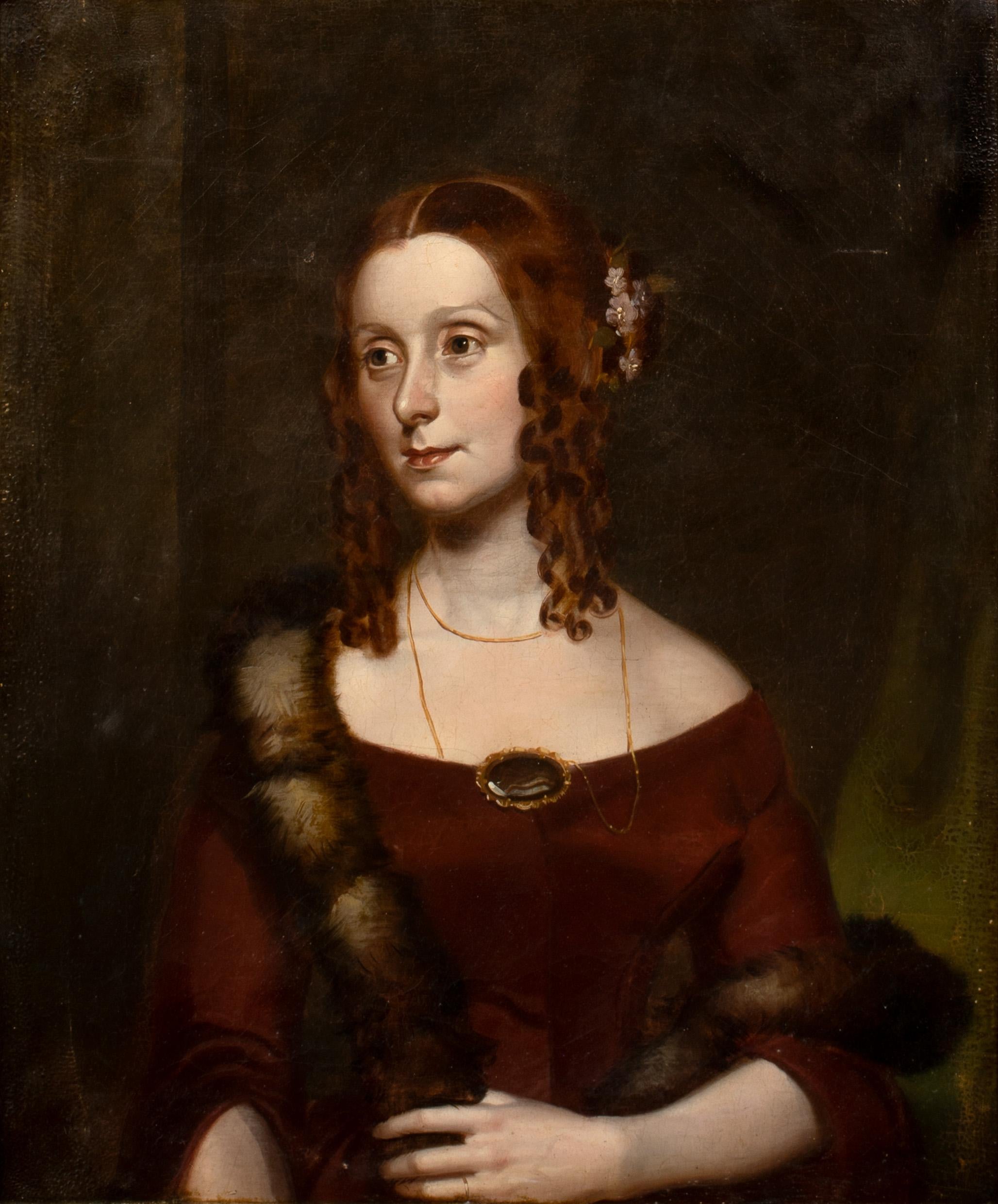 Portrait Of A Red Haired Girl With Ringlets, 19th Century  - Black Portrait Painting by Unknown